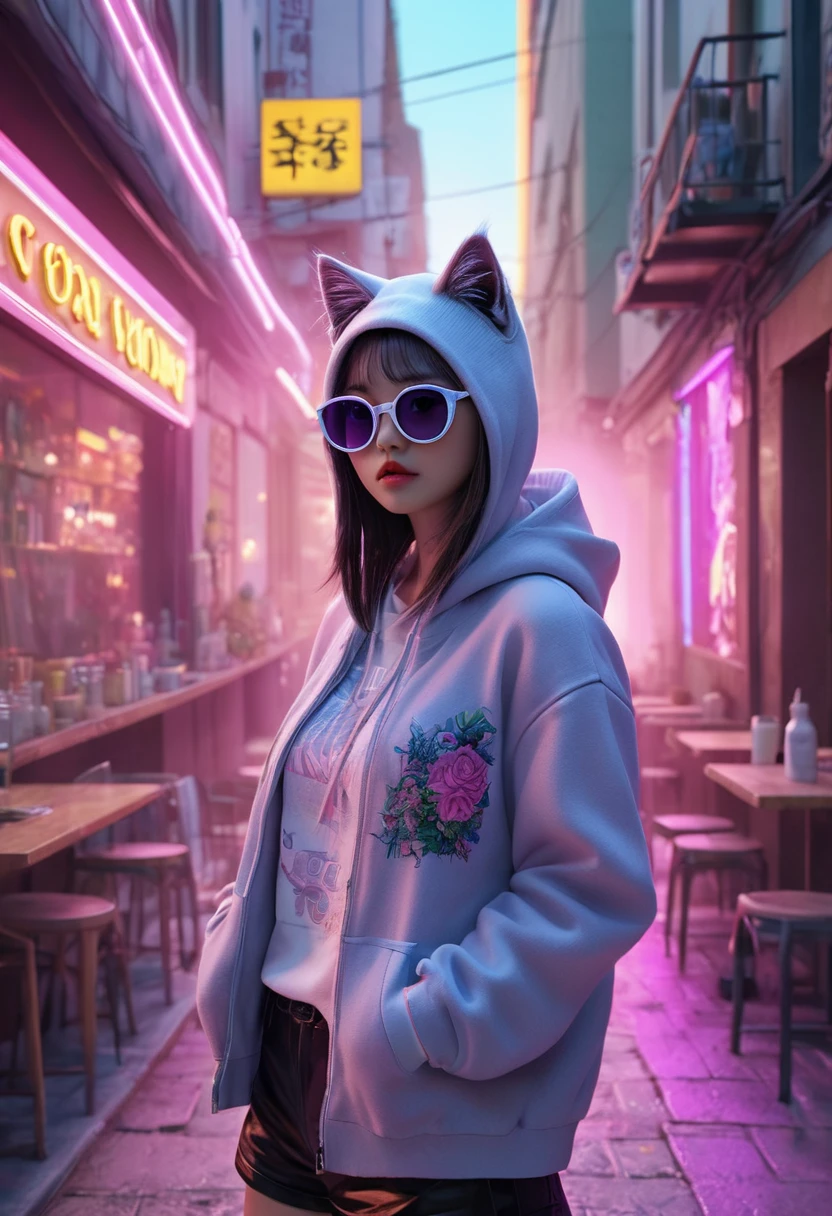 In a strange and cute cafe, Fluffy kitten, crafted from Very detailed curling, Thin glowing colored smoke, Wear a Rose Hoodie,戴上Fashion、interesting、Giant sparkly sunglasses. Against a backdrop of Full of energy neon Format spelling VIKUSIA, Fenoho Today, Capture its magic in a digital art masterpiece. Incorporate volumetric 3d renderinging, Octane Rendering, and Full of energy graffiti elements to create a fantasy illustration that showcases its Fashion-forward style. Make it pop with a poster-worthy 3d rendering that embraces the essence of this captivating character ((Amazing、Stunning views)). 3D, Very detailed, Clear focus, 8K, super quality, Ultra HD, Crystal clear, Bokeh. Black magic Pocket Cinema Camera 6K Pro 配备 Sigma 18-35mm f/1.8 DC HSM Art Lenses for Canon EOS 5D Mark IV Camera,With Canon EF 24-70mm f/2.8L II USM lens--ar 9:16 -- 5 o'clock'bell.2 --750, architecture, Full of energy, wildlife photography, portrait photography, Fashion, Movie, Format, 3d rendering, poster, photo