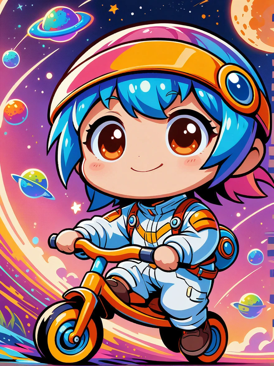 Cartoon graffiti characters，Vector illustration，cinematic film still A visually striking chibi-style astronaut is depicted with remarkable detail, wearing a black tinted visor and a crisp white suit with red straps. This adorable hero is captured riding on a 's tricycle with big grippy tires, exploring the surface of the moon. The background showcases a delightful galaxy filled with stars and cosmic wonder. This conceptual art piece blends anime, photography, illustration, and typography to create a whimsical and imaginative portrayal of space exploration，Add whimsy to the scene，1xhsn1