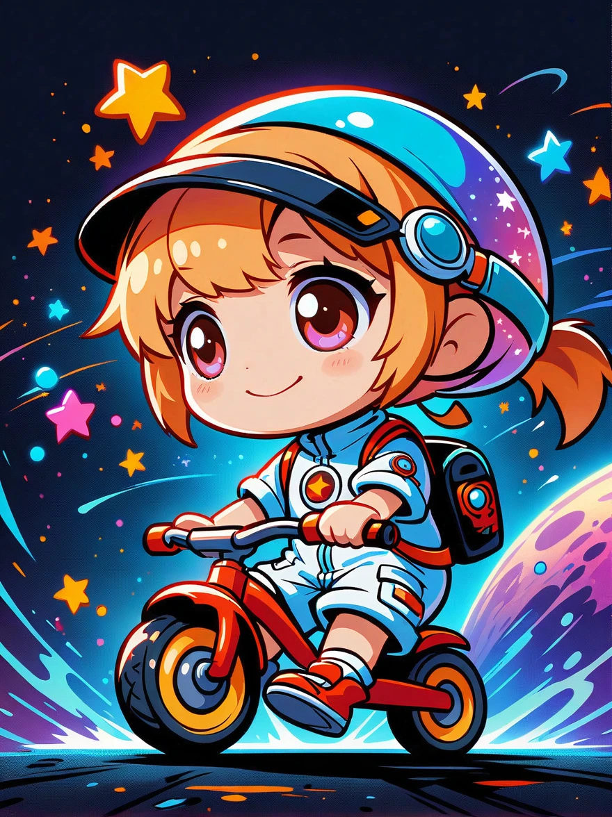 Cartoon graffiti characters，Vector illustration，cinematic film still A visually striking chibi-style astronaut is depicted with remarkable detail, wearing a black tinted visor and a crisp white suit with red straps. This adorable hero is captured riding on a child's tricycle with big grippy tires, exploring the surface of the moon. The background showcases a delightful galaxy filled with stars and cosmic wonder. This conceptual art piece blends anime, photography, illustration, and typography to create a whimsical and imaginative portrayal of space exploration，Add whimsy to the scene，1xhsn1