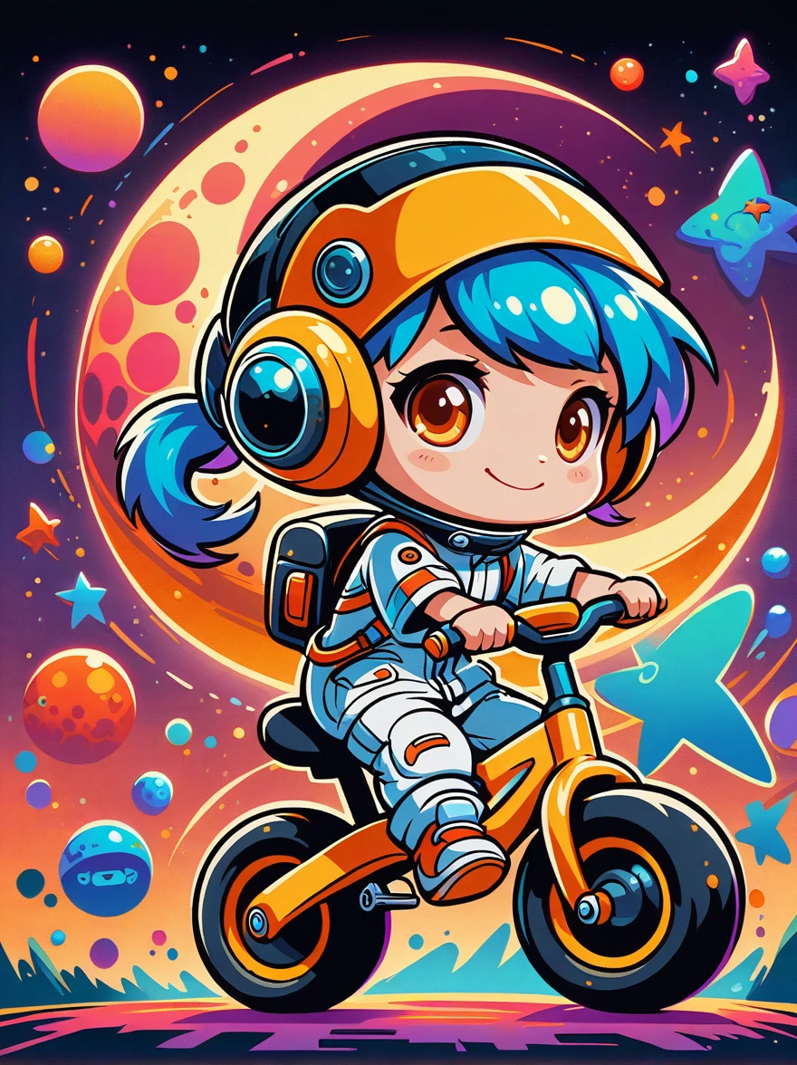 Cartoon graffiti characters，Vector illustration，cinematic film still A visually striking chibi-style astronaut is depicted with remarkable detail, wearing a black tinted visor and a crisp white suit with red straps. This adorable hero is captured riding on a child's tricycle with big grippy tires, exploring the surface of the moon. The background showcases a delightful galaxy filled with stars and cosmic wonder. This conceptual art piece blends anime, photography, illustration, and typography to create a whimsical and imaginative portrayal of space exploration，Add whimsy to the scene，1xhsn1