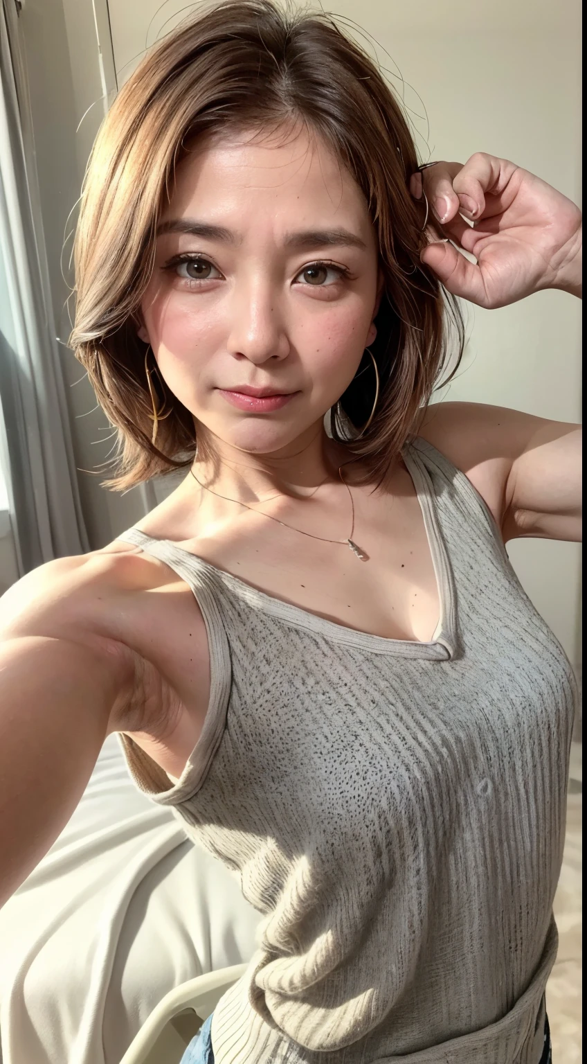 (Realistic:1.3、Ultra HD、Ultra-high resolution、8k、Japanese Housewife、At work、In the bedroom、bed)、((Looking into the camera:1.8))、(Extremely realistic skin texture:1.4)、(Realistic:1.3)、short hair、(Embarrassed look:1.6)、(blonde:1.1)、(40-year-old woman、Mature Woman)、Ponytail hairstyle、(Raise both arms to show your armpits:1.3)、(Armpit close-up:1.55)、(Shooting from the side:1.2)、necklace、Earrings