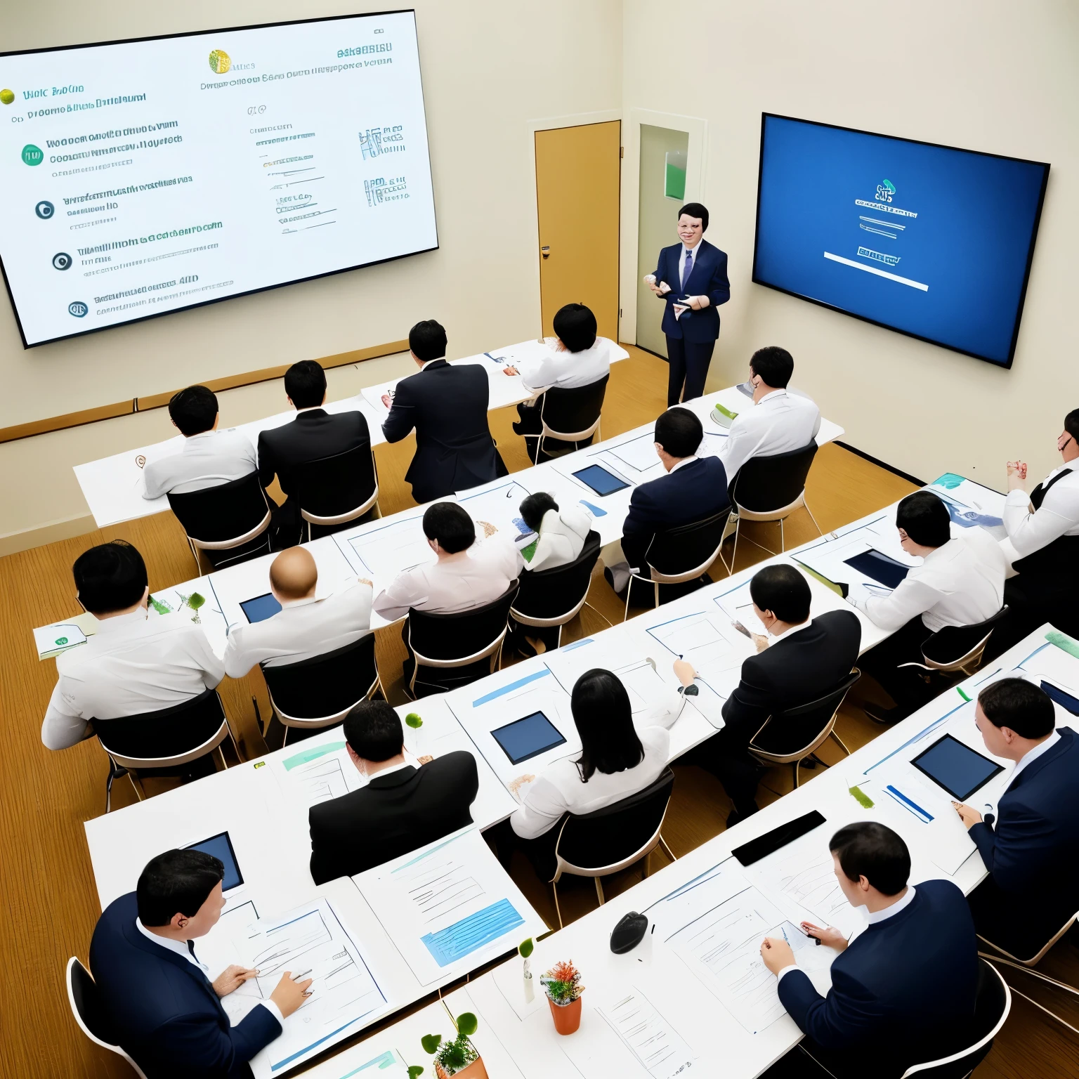 Graphically. The focus is not on a specific person. Take a bird's-eye view of the whole picture.
Employees participating in a business contest system for a large corporation are attending a seminar, cheerfully brainstorming new business ideas for their startups.”