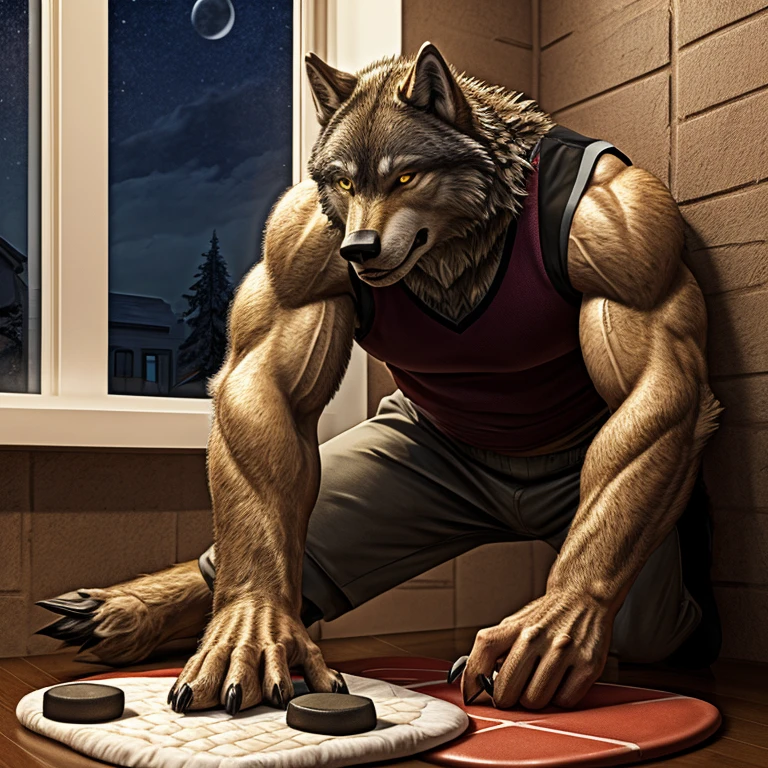 a middle-aged man，Transformation，werecreature，The golden full moon outside the window，room，Sports vest，musculature，Realistic style，Claw marks on wall，wolf snout，wolf fur，clawed paws，meat pad hand，Wolf tail，Close-up