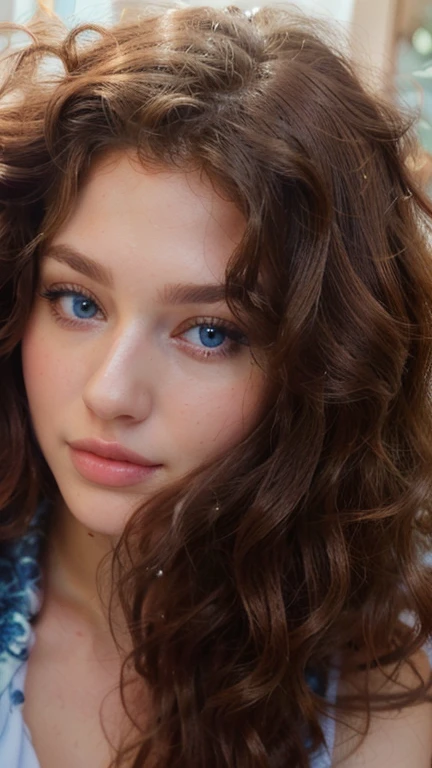 Gorgeous woman with a very large curly hair posing for a picture, realistically rendered face, portrait sophie mudd, soft portrait shot 8 k, photorealistic beautiful face, real detailed face, beautiful realistic face, medium close up portrait, hyperrealistic beautiful face, realistic beautiful face, 8k portrait render, 8k highly detailed face, realistic perfect face,pastel blue eyes,beautiful blue eyes,