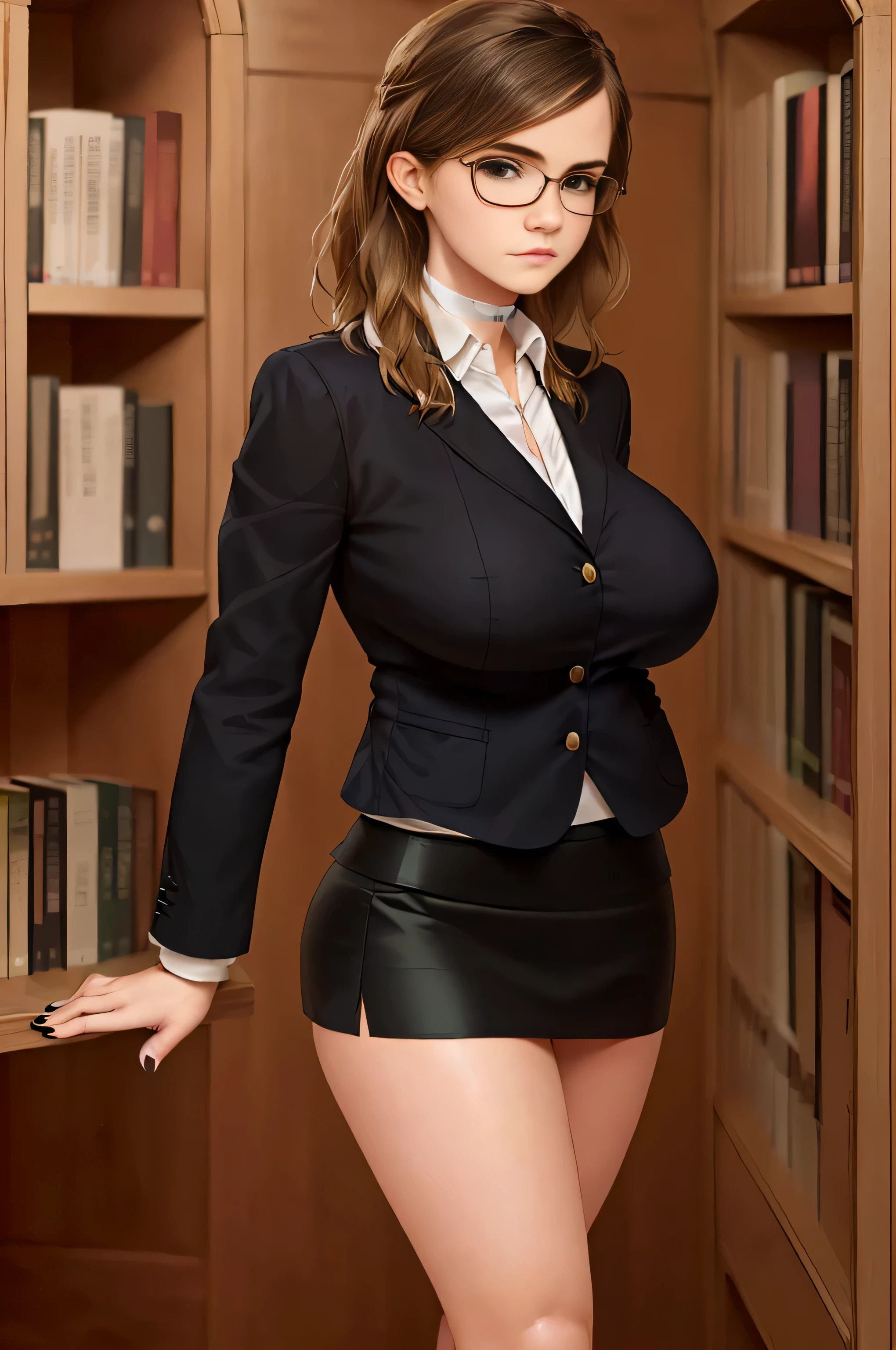 Emma Watson, (masterpiece quality, (masterpiece quality:1.3), realistic, (realistic:1.3), 1girl, (1girl:1.9), solo, (solo:1.9), in a library, bookshelves in background be, wearing lawyers suit, (wearing business jacket:1.5), wearing white blouse, (wearing white blouse:1.5), wearing black skirt, (wearing black skirt:1.5), wearing choker collar, wearing glasses, big breasts, (big breasts:1.5), thin body,