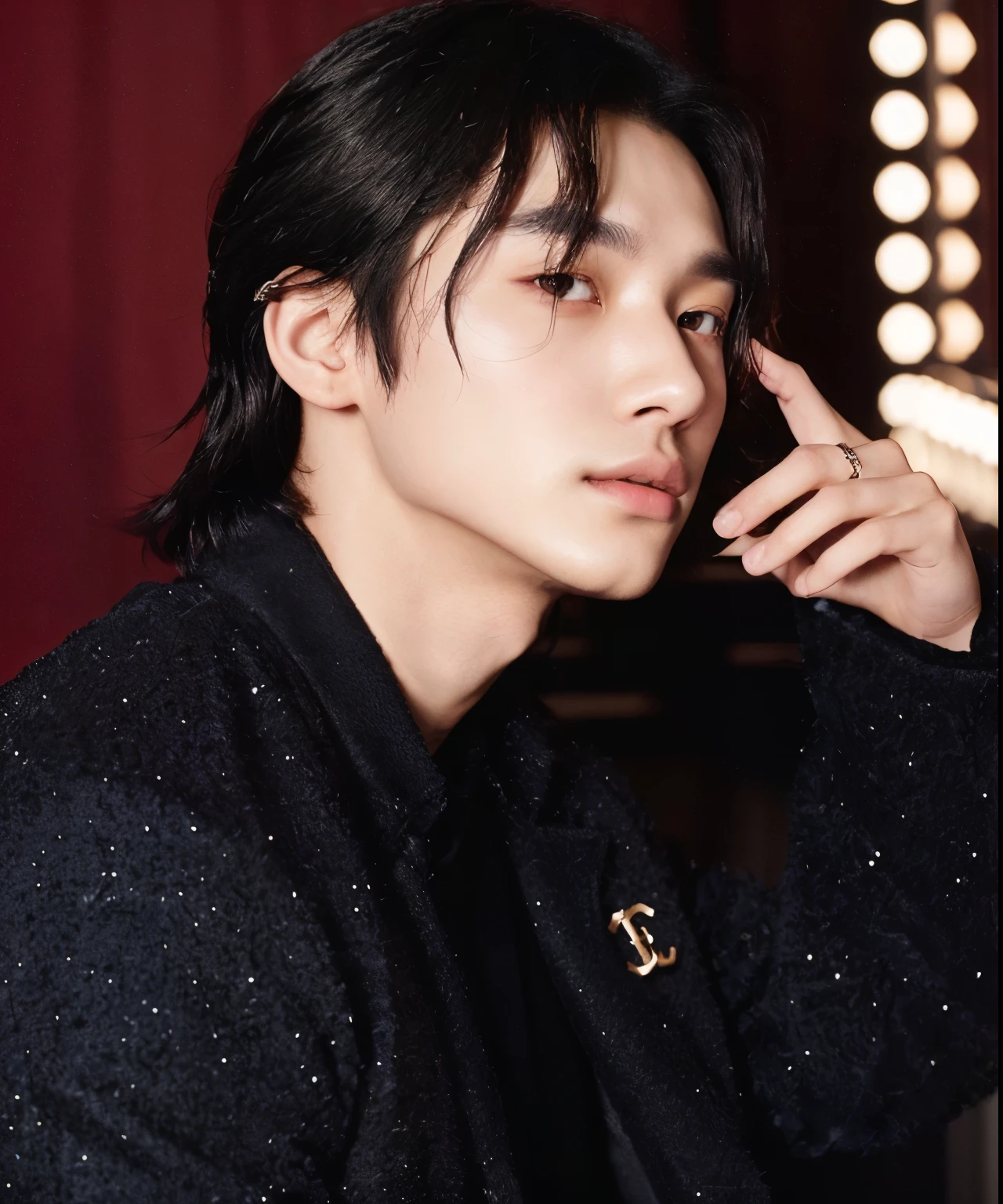 Imagen arafed de un hombre con una chaqueta negra y una corbata negra., cai xukun, jinyoung shin, Won Bin Lee, brillante por la lluvia, sha xi, hyung tae, con su largo cabello negro, steven jung, para gq, kim doyoung, kim taejin, jia, Inspirado por Zhang Han, lv, eso, delicate androgynous prince