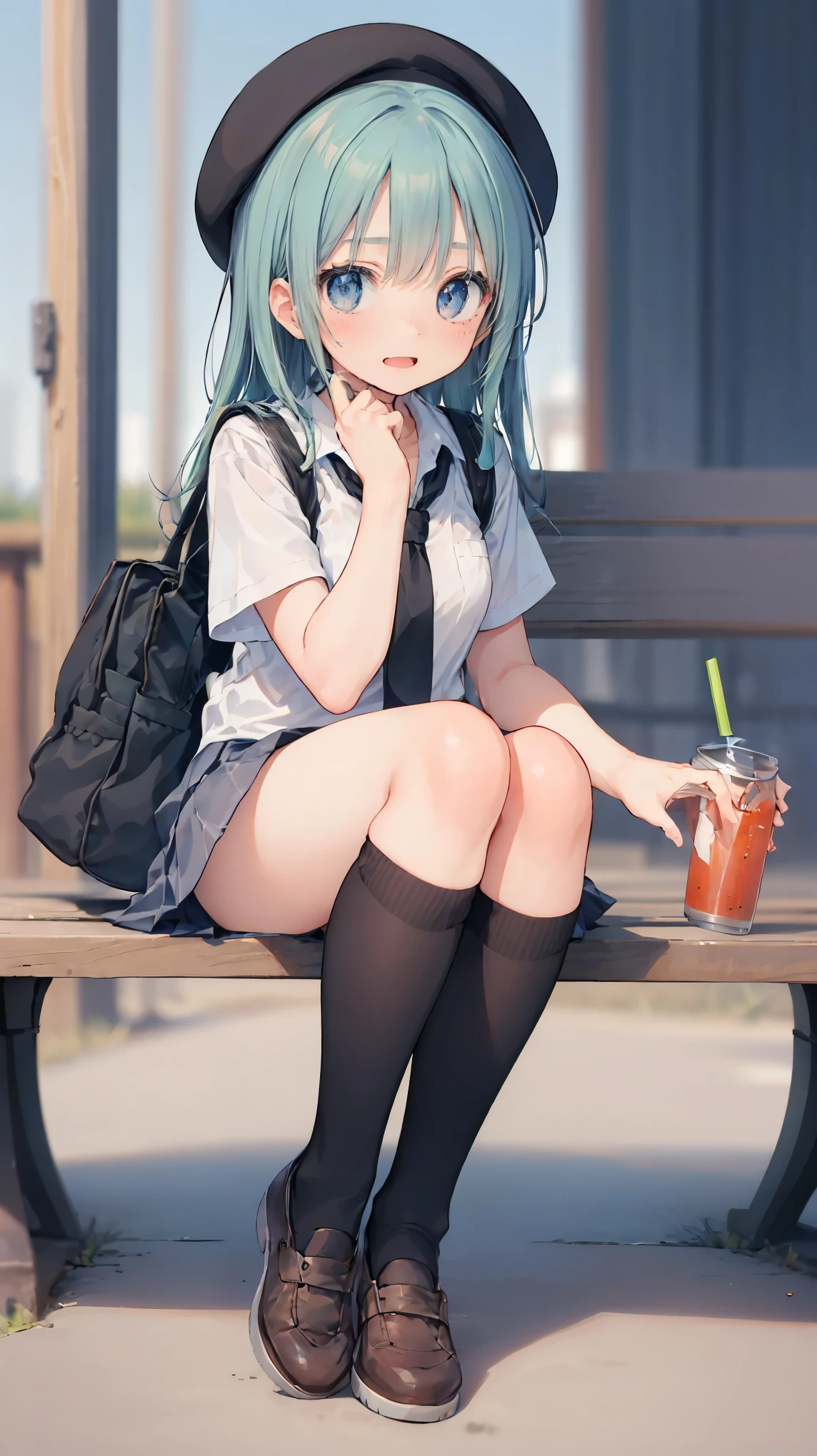 (masterpiece, highest quality), High resolution, Detailed face:1.2, anime(1.2), Sharpness, 4K, A woman taking a photo, Panic face, upset, Open your mouth, Long Hair, Green Hair, Straight hair, Fine skin, Beautiful Hands, Beautiful fingers, Wearing a beret, tie, Short sleeve blouse, Pleated skirt, school bag, Thighs, Absolute area, Knee socks, hand between legs,, Daytime, Hot summer day, School, Schoolyard, Sitting on a bench, holding Canned juice, Natural light, Sharp focus, Hasselblad Photography, Cinema Lighting, whole body, Canned juice,