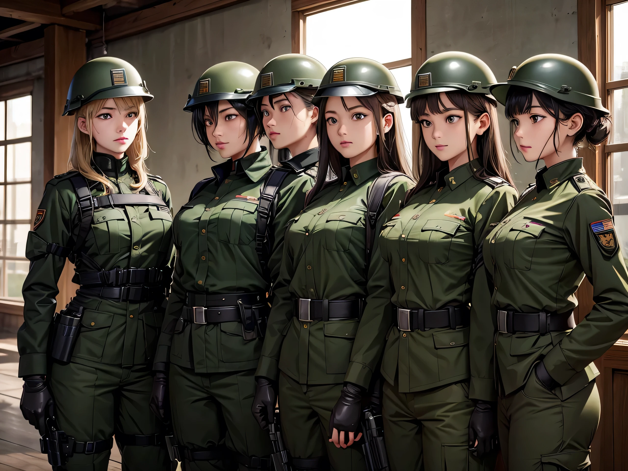 Four female soldiers in dark green military uniforms,There were only four people、Side-by-side stations、Same action、Close Range、Crotch guard、All wear military pants、Wear a steel helmet、Wearing a tactical sling、Leather belt、Wear tactical gloves,Write details、masterpiece、best quality、Highly detailed CG、8K picture quality、theater lighting、lens flare