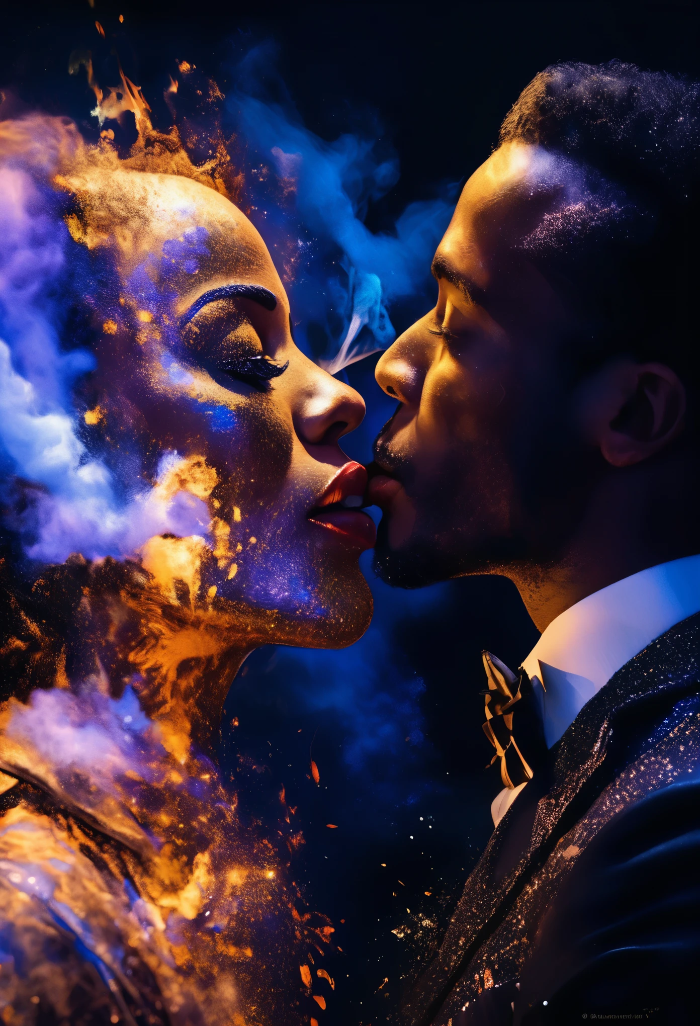 4D portrait of Rorschach images in shape of a black man blowing smoke into mouth of a black woman, depicted as an explosion of a nebula, Oil Painting, 3/4 Profile view, detailed embroidery, Moody chiaroscuro lighting, hight resolution
