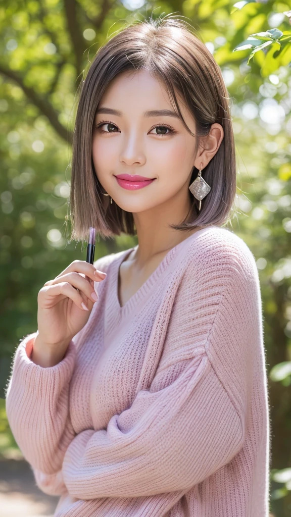 (8k, Photorealistic, Raw photo, Highest quality: 1.4),Japanese idol style1Beautiful girl of the person,18-year-old,Short Bob,Silver Hair,Hang your hair over your ears,Wearing small earrings in the ears,Big, clear grey eyes,Long eyelashes,Tear bags,There is a blackhead under the left eye,Plump Cheeks,Wearing pink lipstick,Apply gloss over your lipstick for glossy, plump lips,Smiling,Wearing a summer sweater,She is surrounded by the gentle sunlight filtering through the trees.