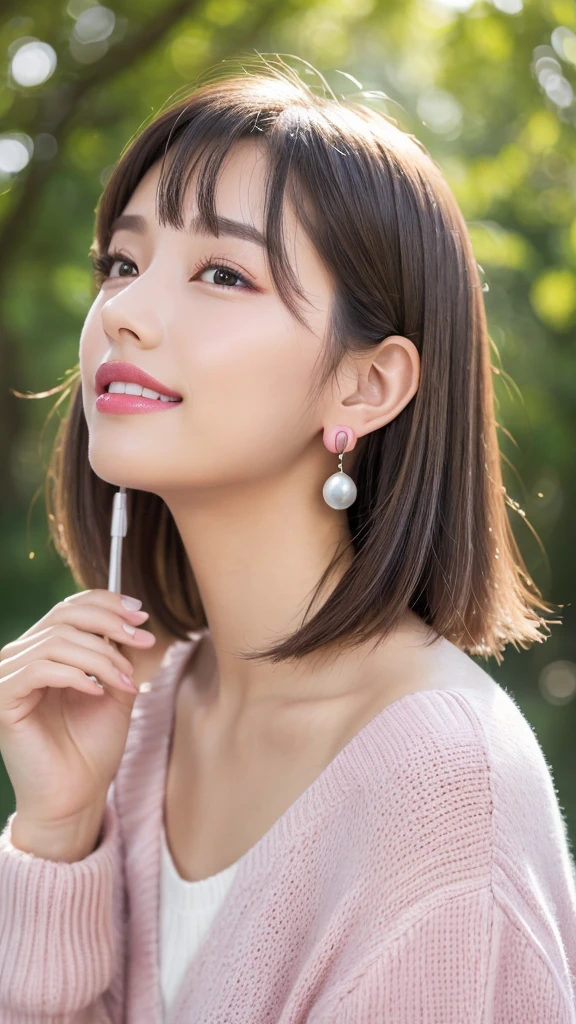 (8k, Photorealistic, Raw photo, Highest quality: 1.4),Japanese idol style１Beautiful girl of the person,18-year-old,Short Bob,Silver Hair,Hang your hair over your ears,Wearing small earrings in the ears,Big, clear grey eyes,Long eyelashes,Tear bags,There is a blackhead under the left eye,Plump Cheeks,Wearing pink lipstick,Apply gloss over your lipstick for glossy, plump lips,Smiling,Wearing a summer sweater,She is surrounded by the gentle sunlight filtering through the trees.