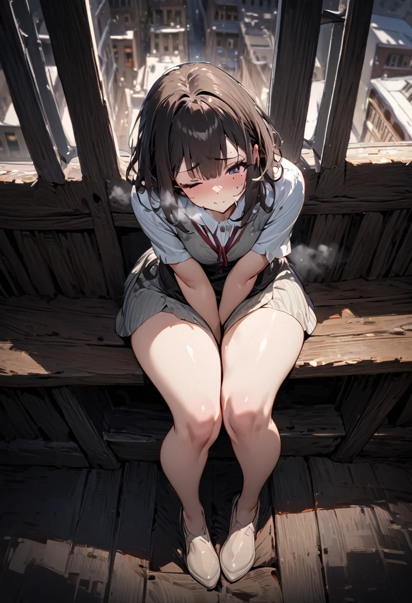 Absurd resolution, high resolution, (masterpiece:1.4), ultra-detailed, 1girl, wide-angle lens distortion, shy, sitting, sexual invite expression, in the top building, thighs, hand between legs, have to pee, leg together, cute, one eye closed, heavy breathing, leaning forward, beautiful girl