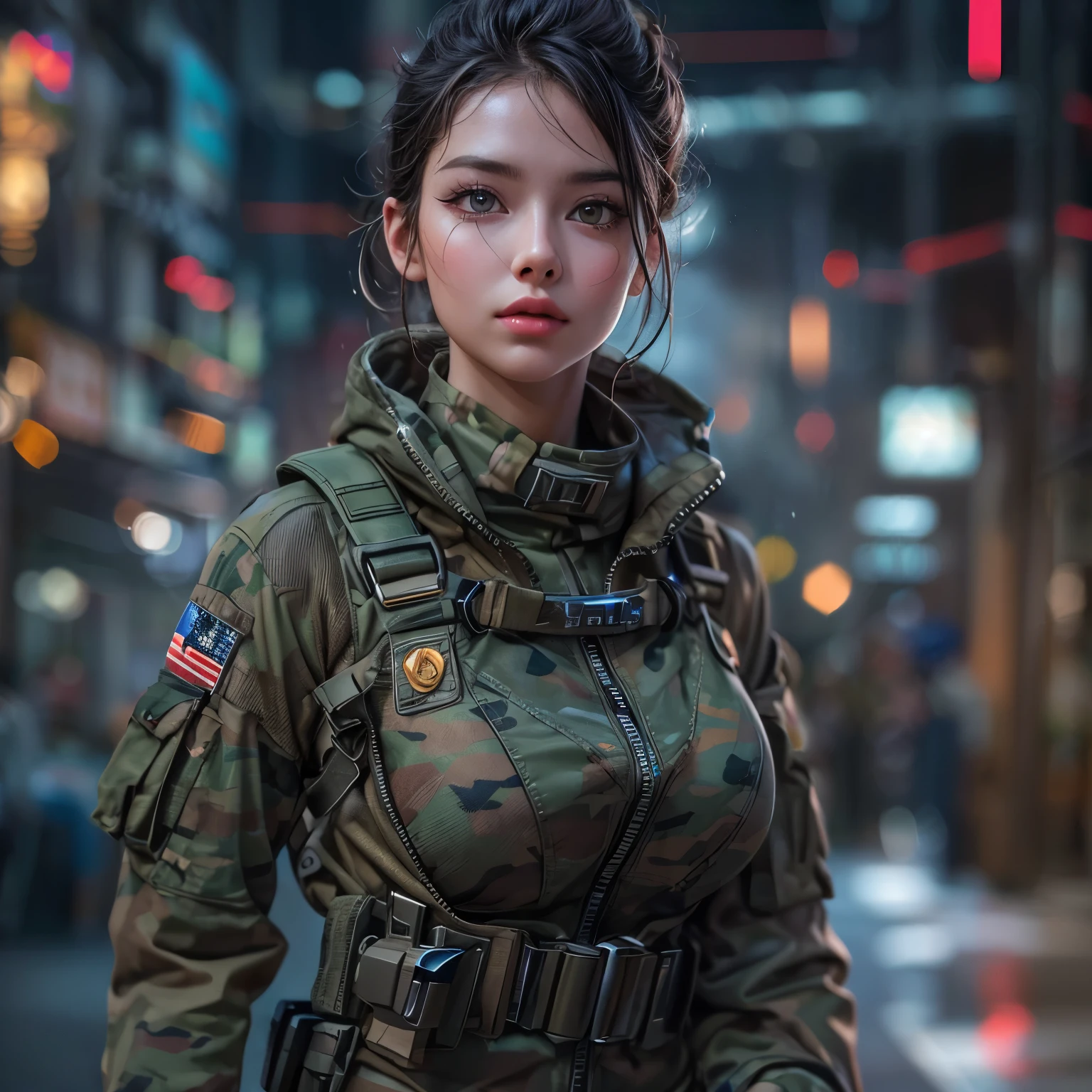 Full body portrait、A beautiful woman in a tight combat uniform、Detailed face and eyes、Beautifully detailed lips、Long eyelashes、A relaxed expression、Bodysuit-like combat clothing、camouflage:1.5、Very detailed、(highest quality、4k、8k、High resolution、masterpiece:1.2)、Super detailed、(Real、Photorealistic、Photorealistic:1.37)、HDR、UHD、Studio Lighting、Ultra-fine painting、Sharp Focus、Physically Based Rendering、Very detailedな描写、professional、Bright colors、Bokeh、Concept Art、cyber punk、Neon Light、Dynamic pose、Dramatic lighting