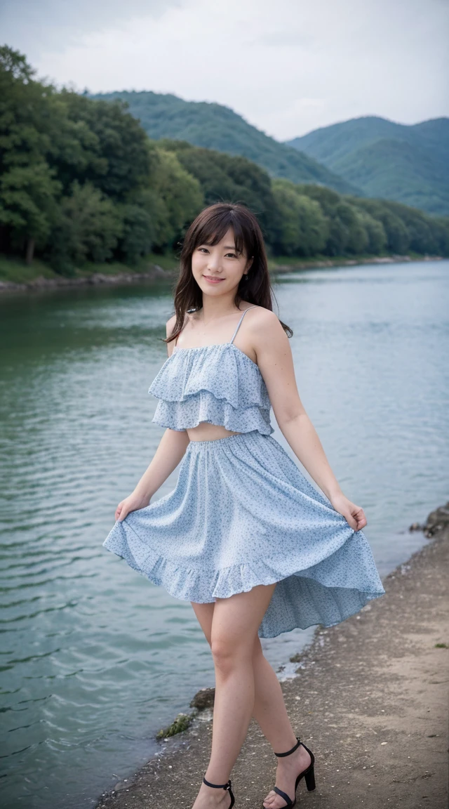 detailed,Clear lines,highest quality, masterpiece,Bright and dark light、Canon Photo Crystal Clear ,（Realistically:1.2）, (Blue Floral Casual Micro Mini Skirt Dress)、Action pose、Take a full body photo、A sloppy smile、Glamour body type、Medium Long Hair、((Wind))、valley、Step into the river、High heels
