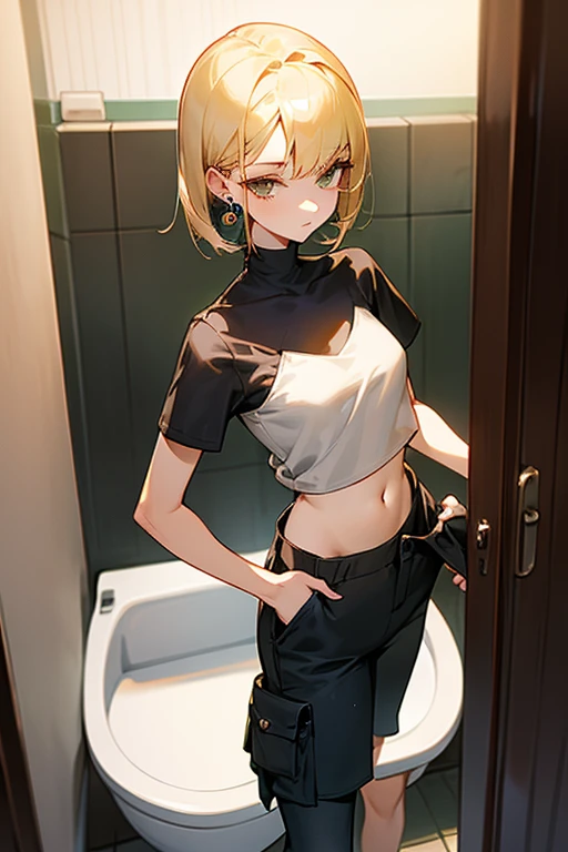 Beautiful woman、Black high-necked short-sleeved knit、Oversized loose cargo pants、Medium hair、Earrings、Blonde、slender、low length、Her belly button is just a little visible、POV、toilet、Close Contact、Peering In、High-leg shorts、Thin black tights