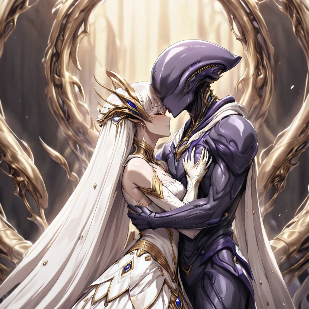 ((highest quality)), ((masterpiece)), (detailed), (Perfect Face)、(The woman is a beautiful, seductive and elegant alien queen named Princess Leona, with the same body as an alien, long light brown straight hair, a slender body but with a normal chest, and is wearing a gorgeous, jeweled alien wedding dress and an alien wedding veil, a gorgeous and beautiful alien bridal outfit befitting an alien queen.)The woman is in the alien nest, and embraces the male alien, shares a deep kiss as a vow, and gets married and has a wedding ceremony.、The woman embraces the strong male alien and they share a deep kiss of promise. The male alien embraces the woman.