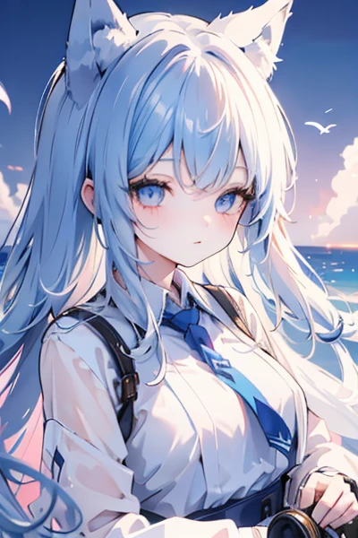 blue archive, girl, evening shadow hair, Wolf Ears Expression, wolf tail expression, 머리 위에 헤일로가 있는 girl, 회색 눈동자의 girl,