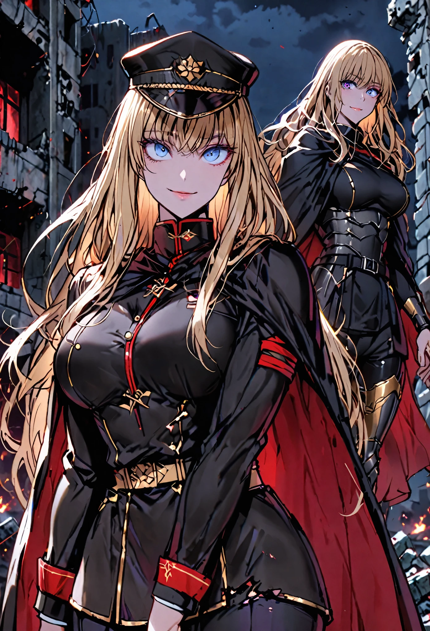 female, sfw, medium shot, huge woman, extremely tall woman, blonde, long hair, blue eyes, black uniform, military uniform, modern armor, black cape, red trim, gold trim, muscular, ruins, smile, military cap, yandere expression, yandere pose, wide breeches, broad shoulders, night