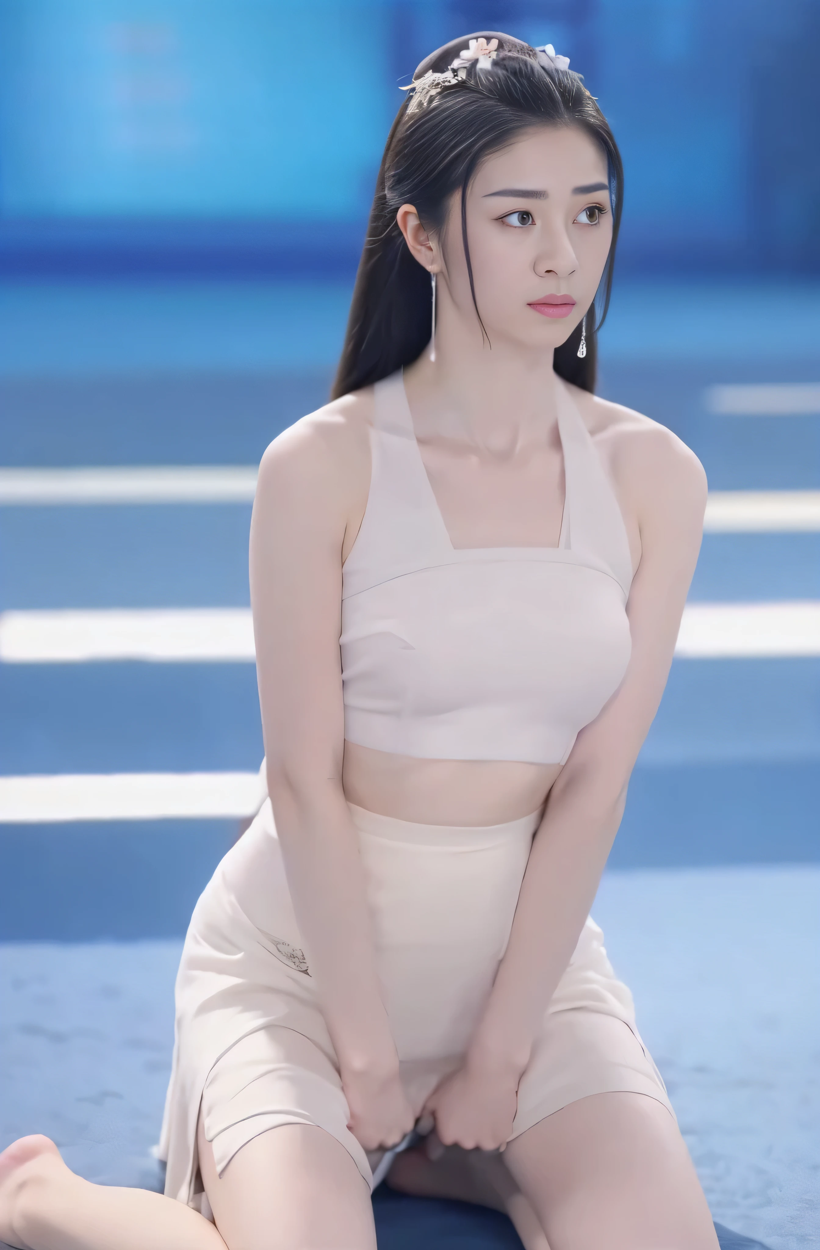 1 Girl,looking at the audience, Solitary focus, Practical, Bare shoulders, Bare thighs，Bare neck，White silk skirt, whole body, Blurred Background, Solitary，Kneeling