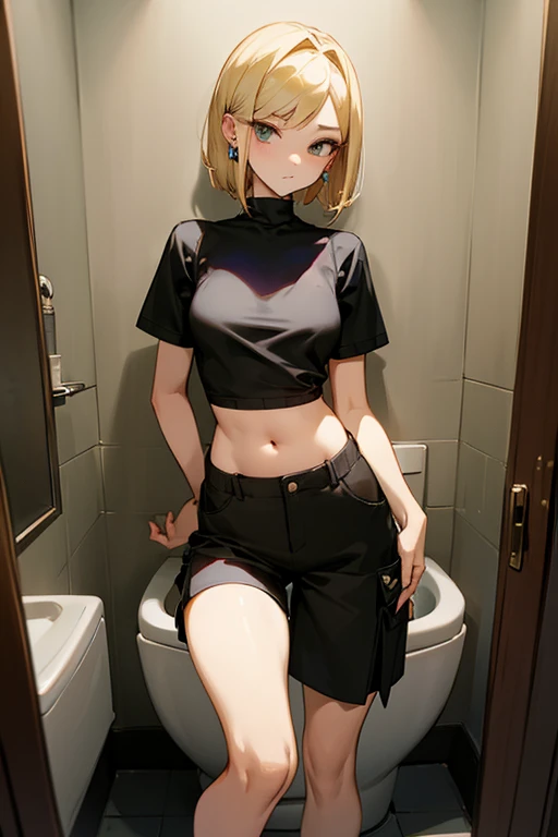 Beautiful woman、Black tops that high-necked short-sleeved knit 、Oversized loose cargo pants、Medium hair、Earrings、Blonde、slender、low length、Black innerwear、Her belly button is just a little visible、POV、Subjective、toilet、Close Contact、Peering In、High-leg shorts、