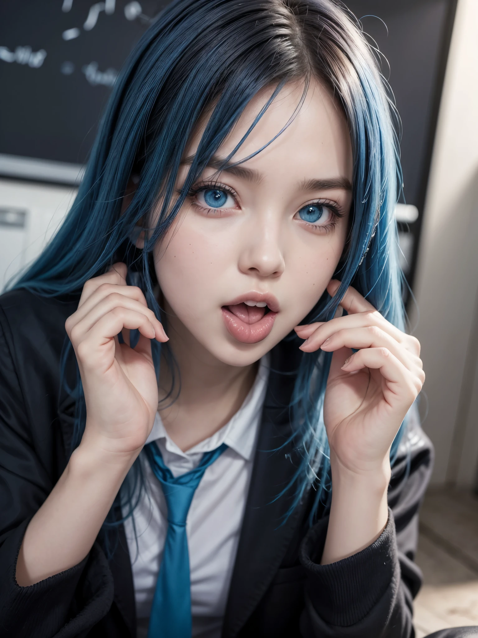 Hot woman, blue hair, blue eyes, showing the tongue, black school clothes