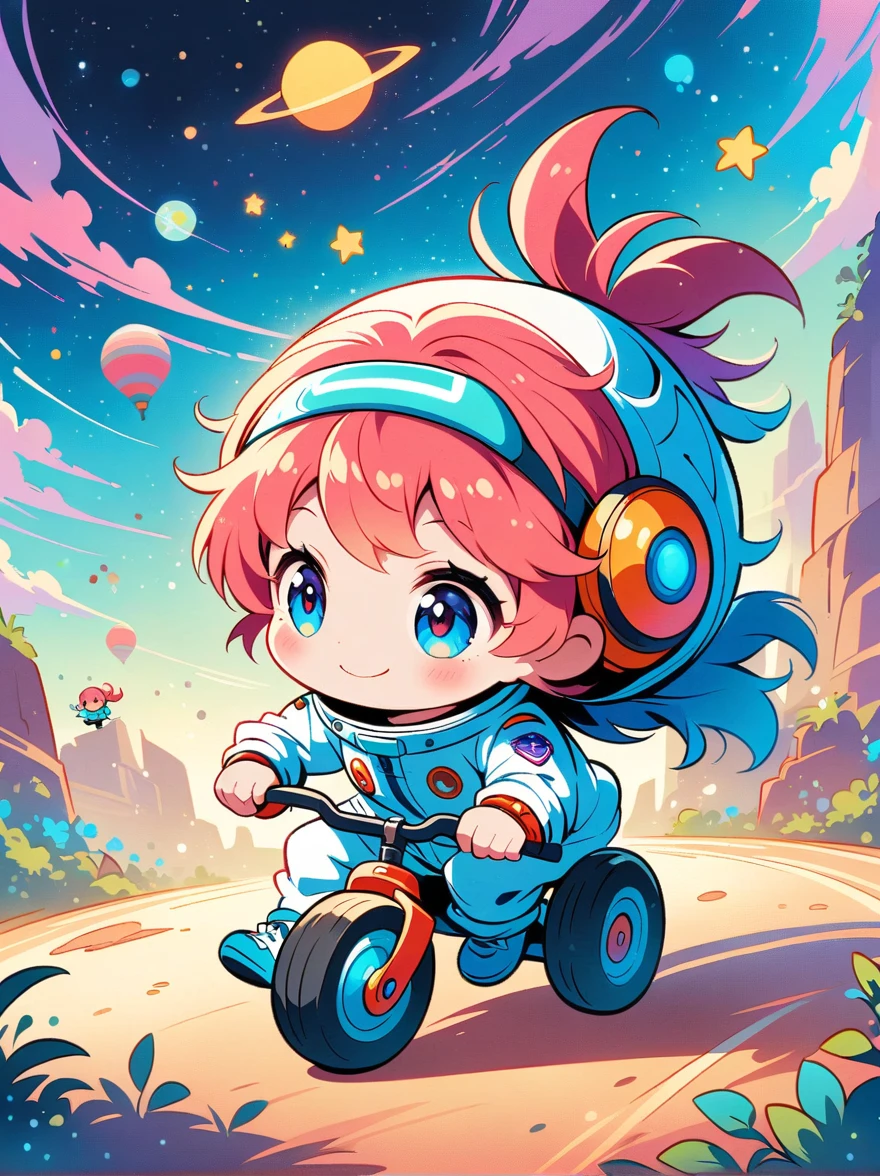 Cartoon graffiti characters，Vector illustration，cinematic film still A visually striking chibi-style astronaut is depicted with remarkable detail, wearing a black tinted visor and a crisp white suit with red straps. This adorable hero is captured riding on a 's tricycle with big grippy tires, exploring the surface of the moon. The background showcases a delightful galaxy filled with stars and cosmic wonder. This conceptual art piece blends anime, photography, illustration, and typography to create a whimsical and imaginative portrayal of space exploration，Add whimsy to the scene，1xhsn1