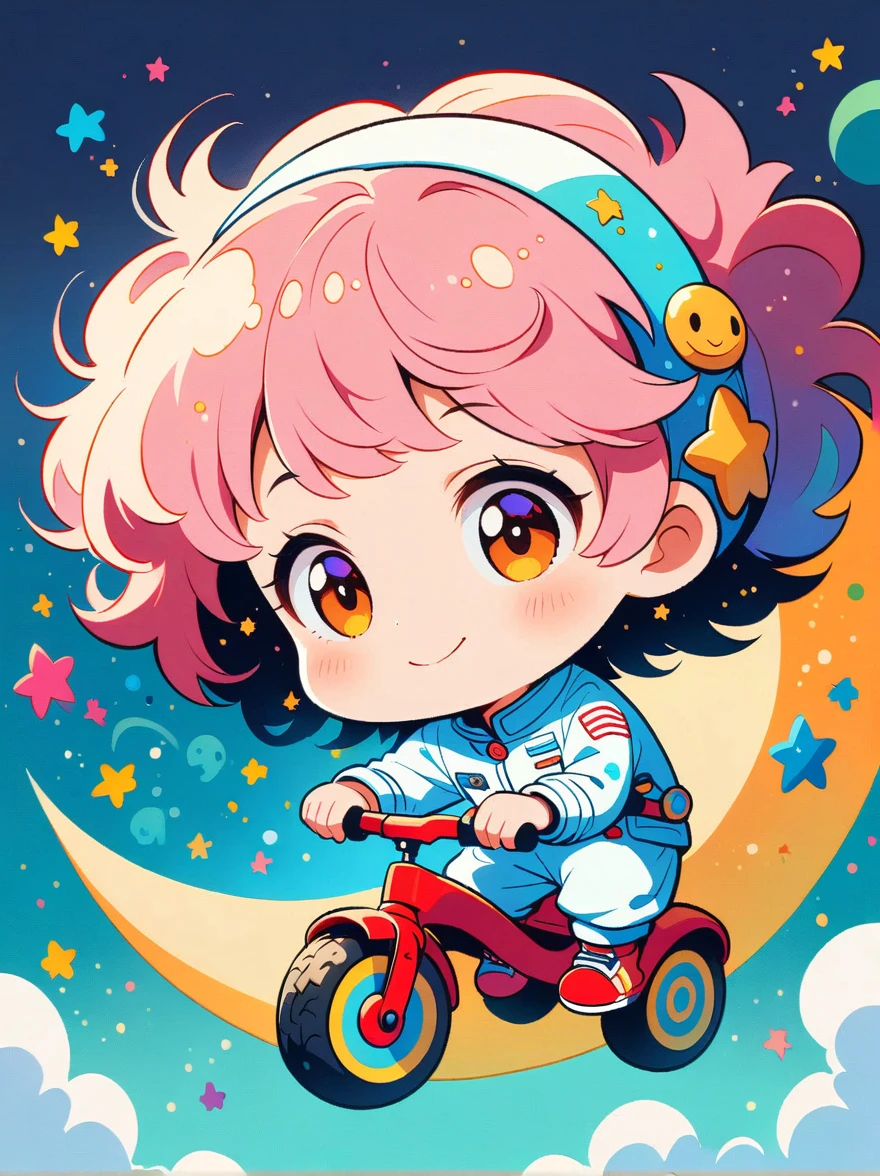 Cartoon graffiti characters，Vector illustration，cinematic film still A visually striking chibi-style astronaut is depicted with remarkable detail, wearing a black tinted visor and a crisp white suit with red straps. This adorable hero is captured riding on a child's tricycle with big grippy tires, exploring the surface of the moon. The background showcases a delightful galaxy filled with stars and cosmic wonder. This conceptual art piece blends anime, photography, illustration, and typography to create a whimsical and imaginative portrayal of space exploration，Add whimsy to the scene，1xhsn1