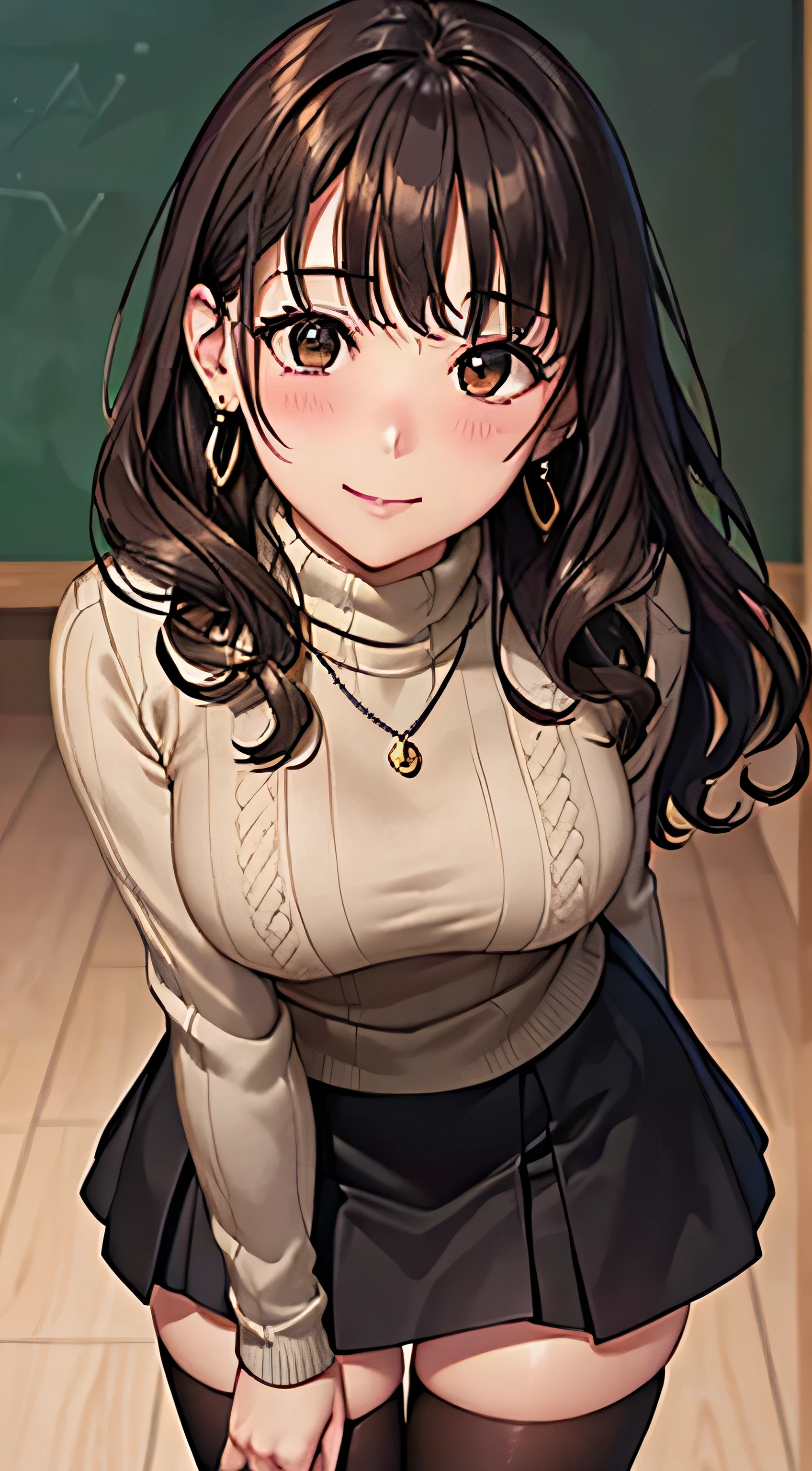 (Tabletop, highest quality, High resolution, , Pixel perfect, 4K,), 1 girl, single, alone, Beautiful woman、I could see the whole body、 ((Wavy mid-length hair, bangs, Brown Hair)), ((Brown eyes, Beautiful eyelashes, Realistic eyes)), ((Detailed face, blush:1.2)), ((Smooth texture:0.75, Realistic texture:0.65, Realistic:1.1, Anime CG Style)), Mid-chest, Dynamic Angle, Perfect body, ((, female teacher, , Earrings、necklace、Beige Turtleneck Sweater、black long flare skirt、Black knee-high stockings、、A shy smile、Put your hands behind your back、Leaning forward、)), Looking up、、(、、、Angle from below)、