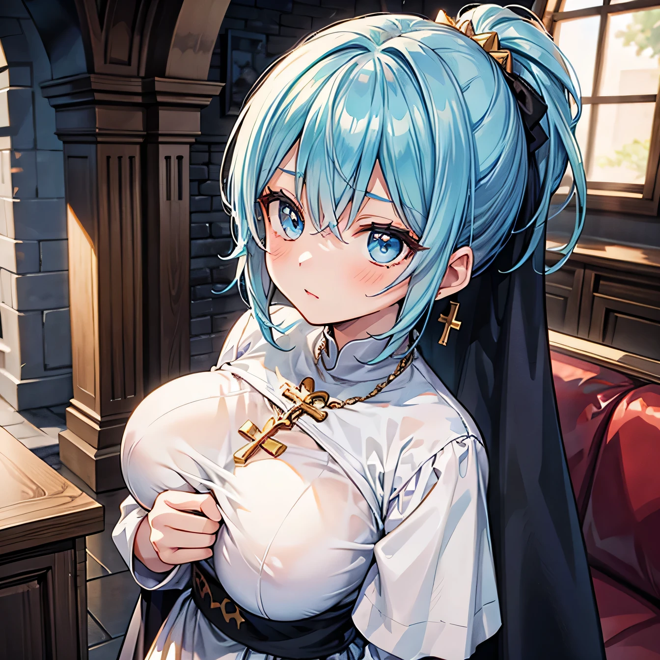 Anime Moe Art Style,highest quality,High resolution,Anatomically correct,One Girl,Mid-teens,A girl with light blue hair in a ponytail,Super detailed,Fantasy World,Nuns,Monastic Clothes,Big Breasts,A rich expression,A tense face,Put your hands together,Castle,During the audience,Eyes drawn in detail,Gold Rosary,8K