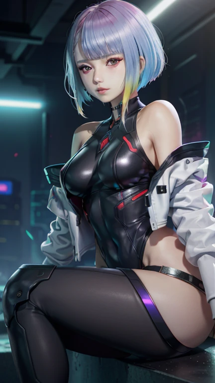 LucyEdge, 1girl, lucy (cyberpunk), smoking, solo, cigarette, cyberpunk, breasts, smoke, jacket, bangs, looking at viewer, sitting, holding, bare shoulders, short hair, holding cigarette, open clothes, off shoulder, leotard, crossed legs, cyborg, thighs, multicolored hair, medium breasts, open jacket, off-shoulder jacket