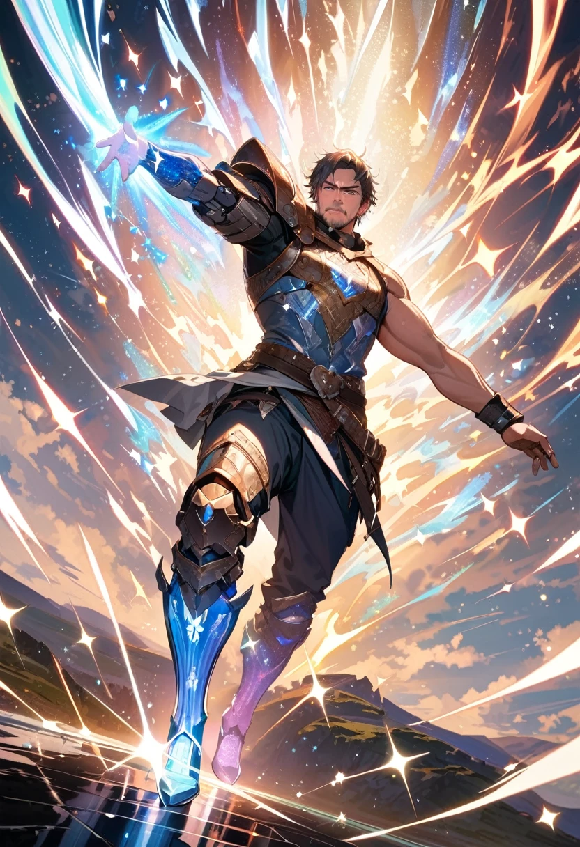 (masterpiece, best quality:1.1),
(ultra highres, ultra-detailed:1.2) ,(male Warrior with a mechanical right arm),middle age,detailed face,silver aura,divine,beautiful effects,Background:Ireland,dynamic angle,(Glitter:1.1) ,(white sparkle:1.4) ,whole body,
