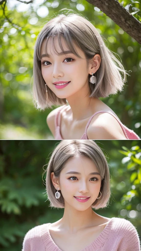(8k, Photorealistic, Raw photo, Highest quality: 1.4),Japanese idol style１Beautiful girl of the person,18-year-old,Short Bob,Silver Hair,Hang your hair over your ears,Wearing small earrings in the ears,Big, clear grey eyes,Long eyelashes,Tear bags,There is a blackhead under the left eye,Plump Cheeks,Wearing pink lipstick,Apply gloss over your lipstick for glossy, plump lips,Smiling,Wearing a summer sweater with a tank top,She is surrounded by the gentle sunlight filtering through the trees.