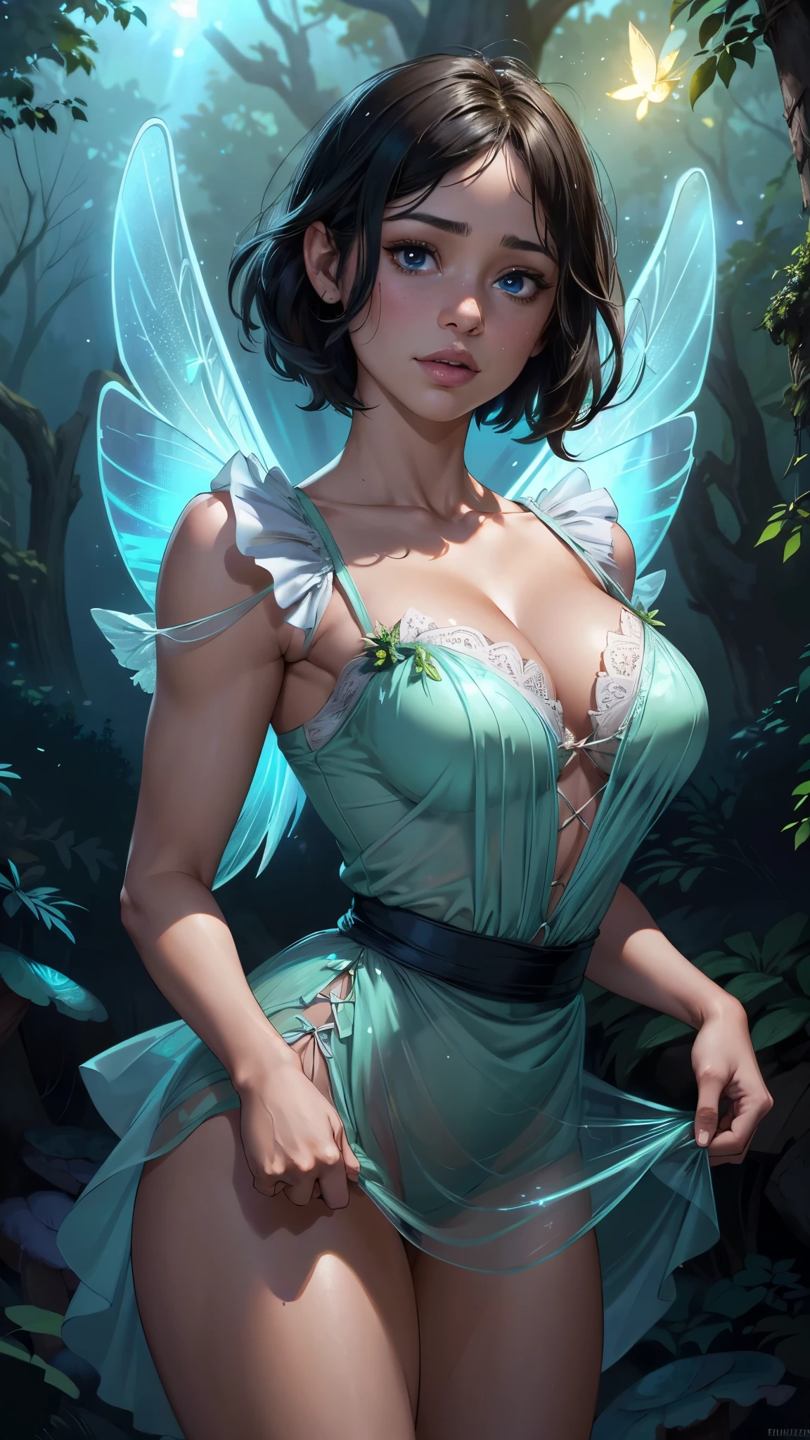 (La mejor calidad,A high resolution,Ultra - detallado,actual),tinkerbell vestido corto transparent de hojas verdes, top corto, cabello corto, ,(Fondo de ruinas de mazmorra en ruinas bosque tenebroso :1.4 ), More detailed 8K.motor irreal:1.4,UHD,La mejor calidad:1.4, fotorrealista:1.4, textura de la piel:1.4, obra maestra:1.8,obra-prima, mejor calidad,objeto Objeto], (detailed face features:1.3),(Las proporciones correctas),(Ojos hermosos azules),  (dynamic cowboy pose), (perfect anatomy :1.4), (tinkerbell Disney :1.4), (tinkerbell Disney  V2.1), (It has big firefly wings :1.4), (vestido transparente corto hecho de hojas silvestres tinkerbell:1.4), (face detailed:1.4), (neon giant mushrooms background blue y violent :1.4),( cinematic lighting:1.4), (skirt lifted by itself: 1.1), (skirt lift: 1.3), (showing white panties: 1.3),( pechos perfectos),( Jenna Ortega :1.4), (Jenna Ortega V2.1) 