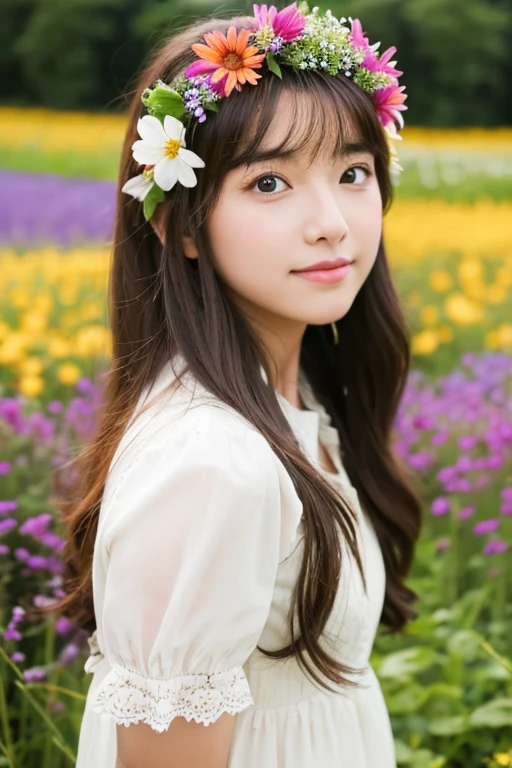 Beautiful girl with a wreath on her head standing in a flower field