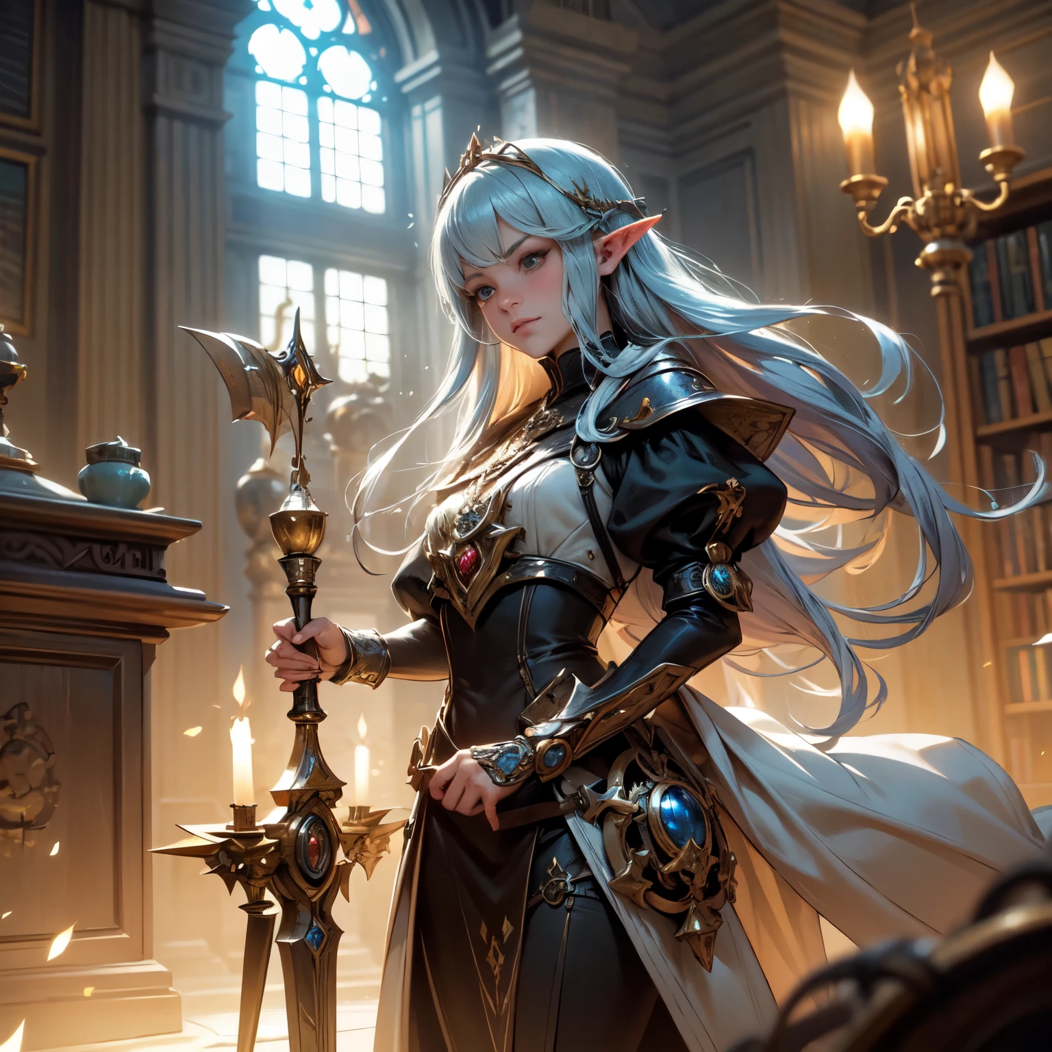 a detailed, sharp close-up of a comic action character. The character is a beautiful elven student, cercada por magia, holding a futuristic weapon that combines elements of advanced technology and magical aesthetics, como runas brilhantes e engrenagens steampunk. A arte deve ser conceitual no estilo de Yusuke Murata, with influences from Artstation trends and the aesthetics of Hearthstone cards. The surrounding environment is a library in the royal castle, com prateleiras altas repletas de livros antigos, some floating thanks to magic. The room is lit by a soft, mystical light., com candelabros flutuantes. scattered on the floor, there are scrolls and magical artifacts. The character's clothing and scenery elements must have a steampunk style. ultra HD image with 8k resolution.