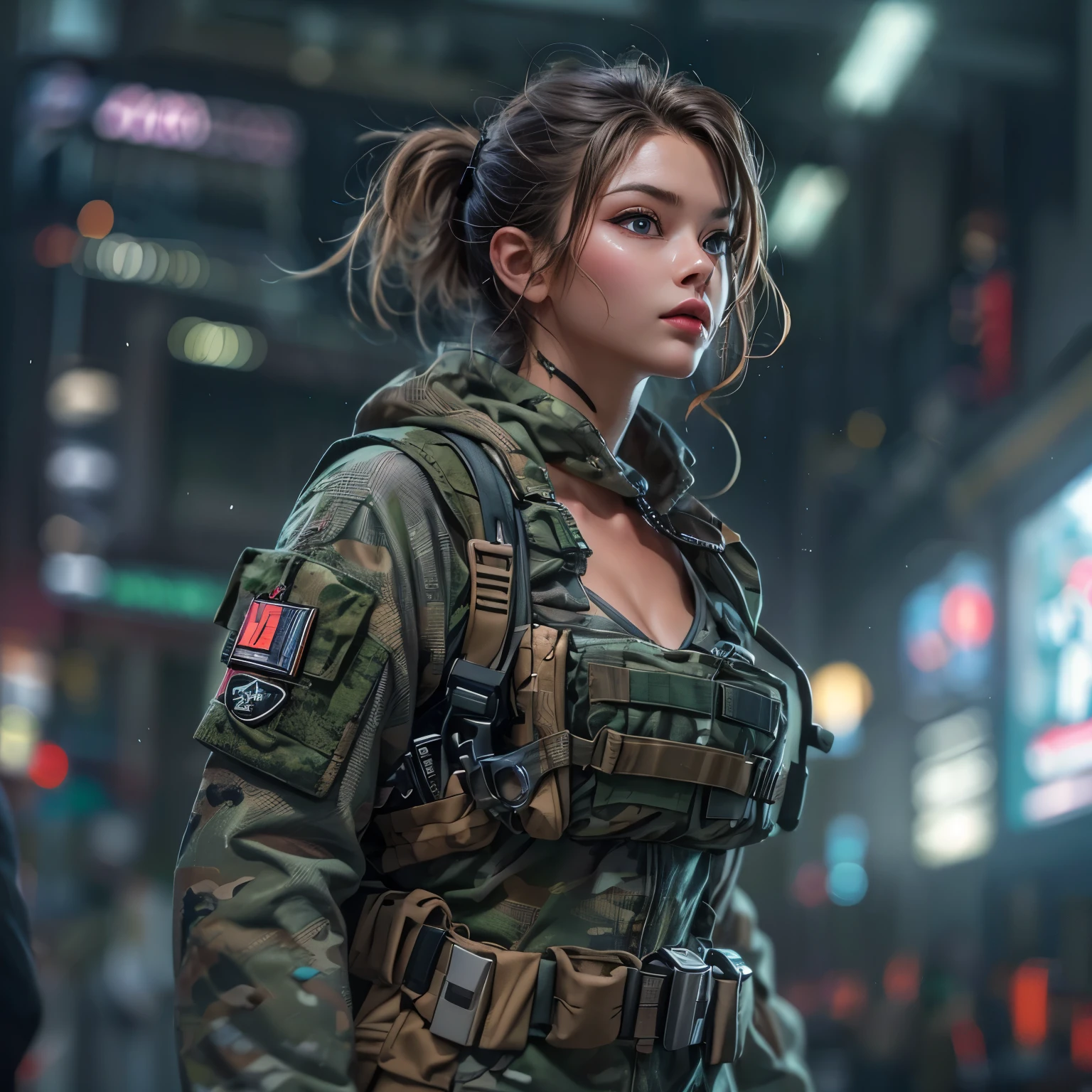 Full body portrait、A beautiful woman in a tight combat uniform、Detailed face and eyes、Beautifully detailed lips、Long eyelashes、A relaxed expression、Bodysuit-like combat clothing、camouflage:1.5、Very detailed、(highest quality、4k、8k、High resolution、masterpiece:1.2)、Super detailed、(Real、Photorealistic、Photorealistic:1.37)、HDR、UHD、Studio Lighting、Ultra-fine painting、Sharp Focus、Physically Based Rendering、Very detailedな描写、professional、Bright colors、Bokeh、Concept Art、cyber punk、Neon Light、Dynamic pose、Dramatic lighting