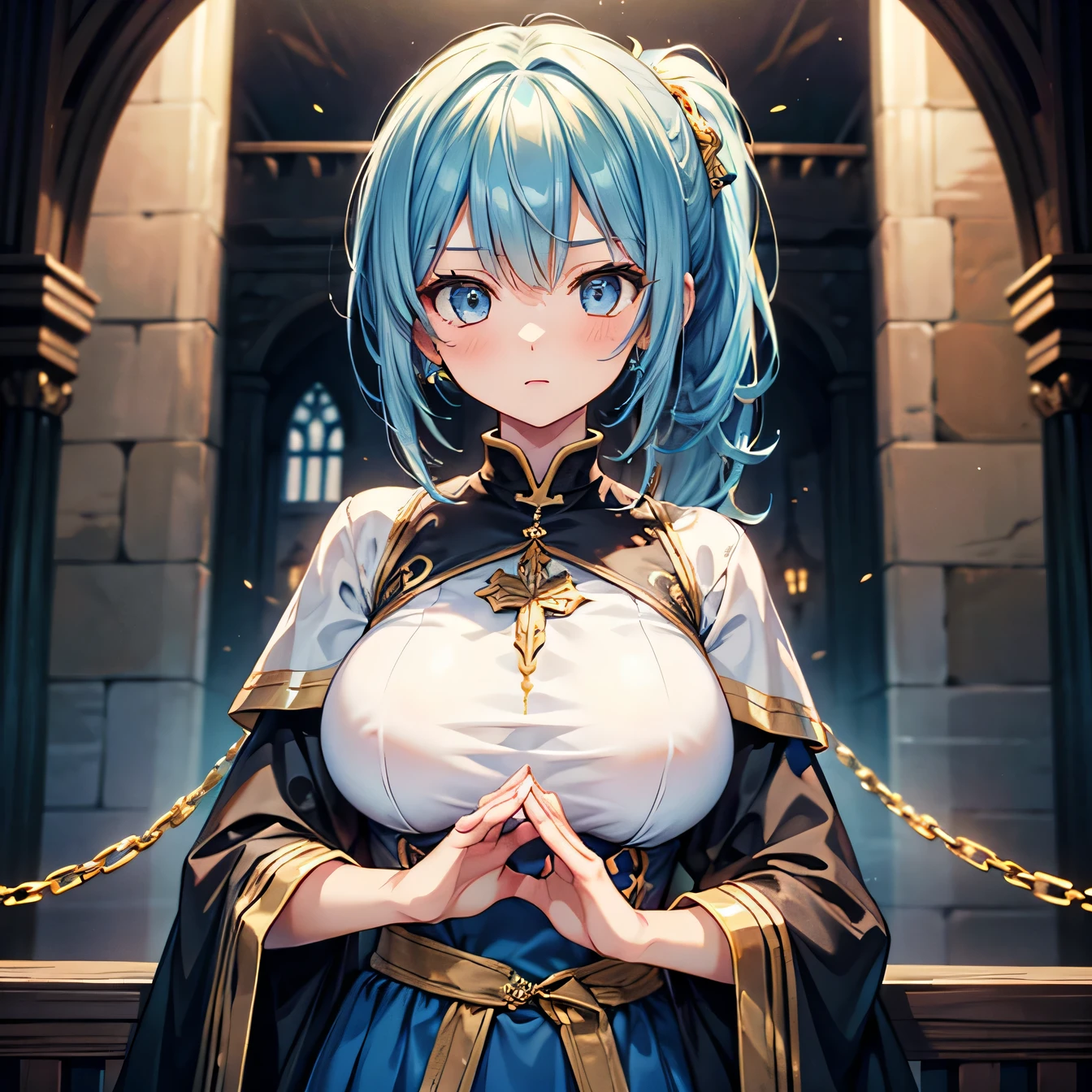 Anime Moe Art Style,highest quality,High resolution,Anatomically correct,One Girl,-teegirl with light blue hair in a ponytail,Super detailed,Fantasy World,Sister,Monastic Clothes,Big Breasts,A rich expression,A tense face,Put your hands together,Castle,During the audience,Eyes drawn in detail,Gold Rosary,8K