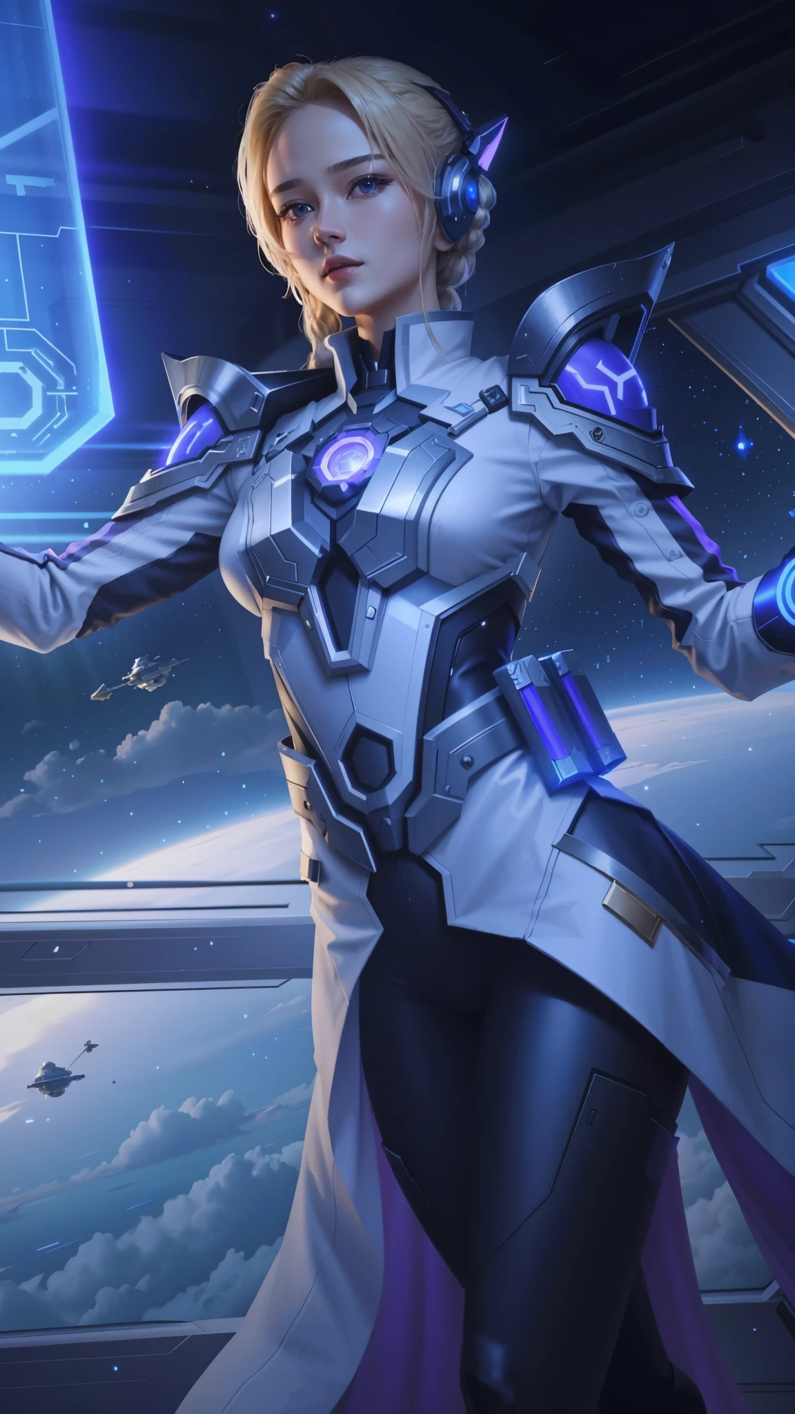 a woman with a sword standing in front of a window, heroes of the storm splash art, wearing futuristic space gear, she has blond hair, mobile legends, wrong perspective points, white uniform, hgh, f11:6, Future themes, tarot card the empress, visible stomach, Glowing eyes, super detailed, masterpiece, best quality, ultra quality, absurd details, best light, best shadow, sharp, sharp image, detailed, extremely detailed, great resolution, 8k, 4k, uhd