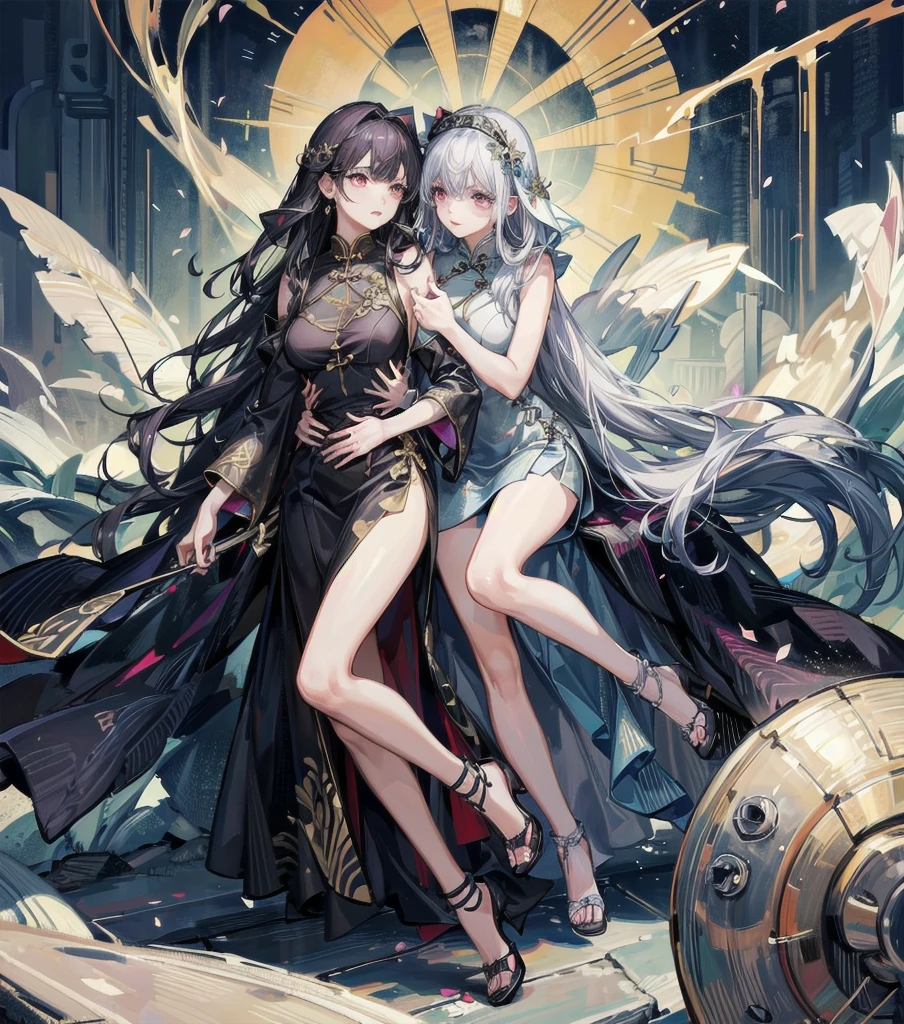 (((yuri))), (((2 girls))), ((cheongsam)), absurdres, RAW photo, extremely delicate and beautiful, masterpiece, Best Quality, ultra high resolution, 32k, hyperrealistic, ultra-detailed, detailed description, perfect anatomy, pale skin, 20 years old, detailed beautiful face and eyes, tearful mole, earring, short medium hair, wavy hair, random colored hair, whole body shot, colossal tits,