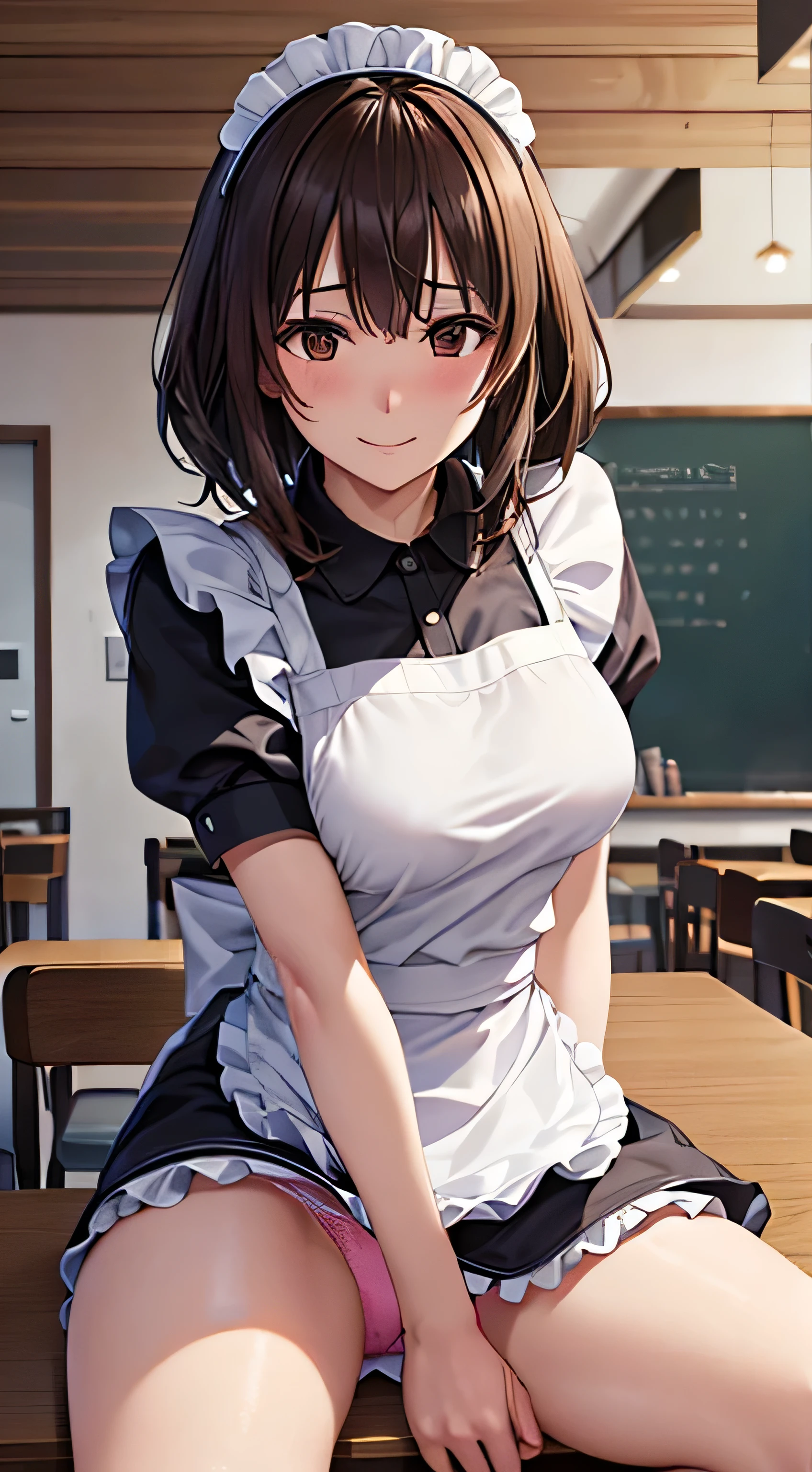 ((Tabletop, highest quality, High resolution, , Pixel perfect, 4K,))), 1 beautiful woman, private teacher、The whole body is visible、 ((Mid-wave hair, bangs, Brown Hair)), ((Brown eyes, Beautiful eyelashes, Realistic eyes)), ((Detailed face, Blushing:1.2)), ((Smooth texture:0.75, Realistic texture:0.65, Realistic:1.1, Anime CG Style)), middle size breast, Dynamic Angle, Perfect body, (( , ,  、Frill apron, Maid Costume、Ruffled short sleeve shirt))、Cooking in the kitchen、、Sit on a chair、Raise one knee and open your legs、Very embarrassing panic smile, 、、、、(Pink lace panties are visible、)、Angle from below)、