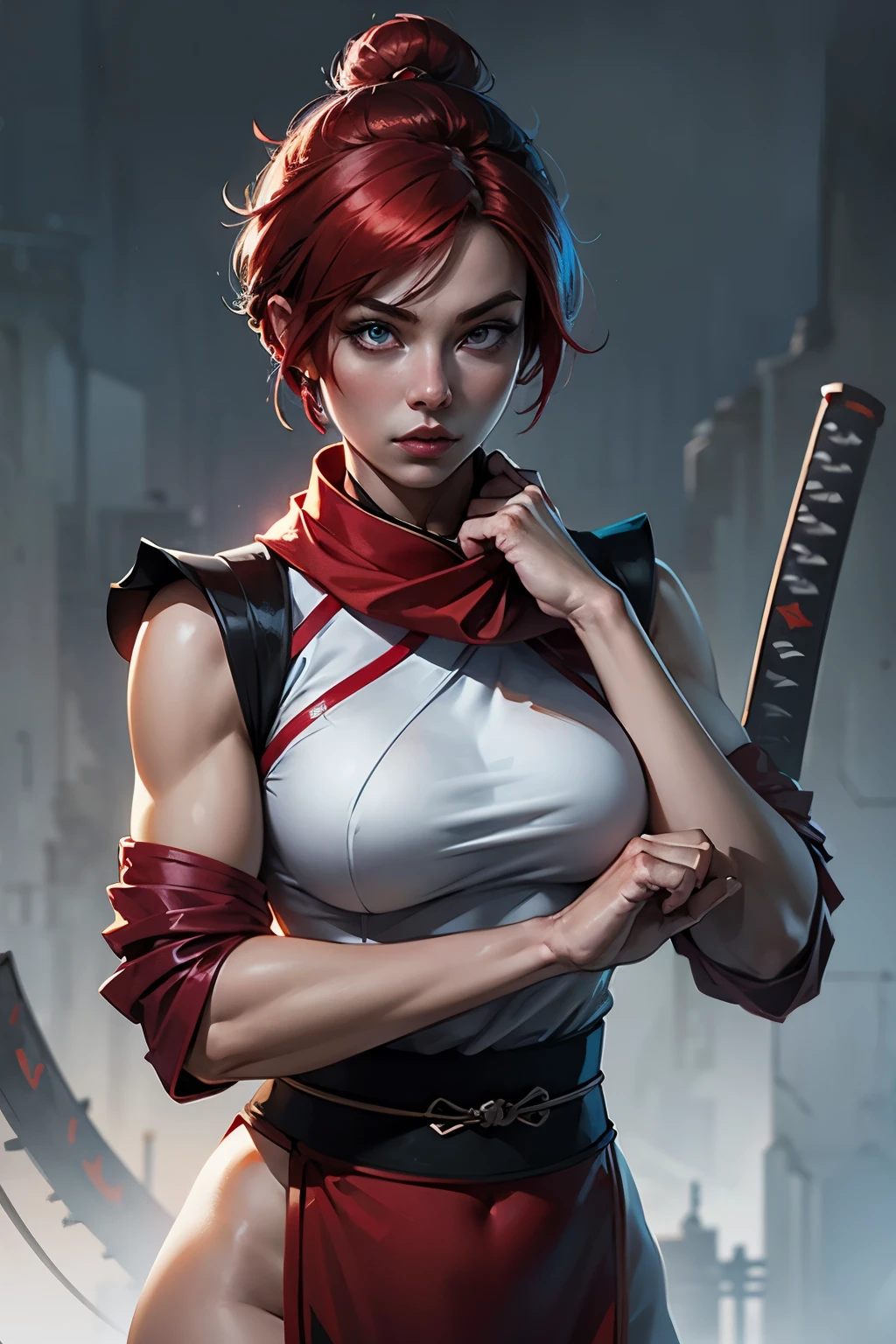 a (((Chinese woman))) Fantasy setting. Female ninja, pixie cut hair, red hair, (bright red hair), blue eyes, pale skin. Tight white outfit, white top, pink highlights, ninja outfit, wraps, scarf. Katanas. Detailed hands. Detailed eyes. Detailed face. Intense expression. Hands gripping katanas. Show her in a heroic pose with hands on her hips. castle ruins background. volumetric lighting