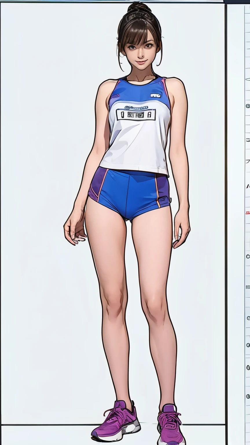 ((masterpiece)),(((best quality))),((Character Design Sheet)),Thin thighs,Long legs,No big deal ,Wearing marathon clothes and shoes