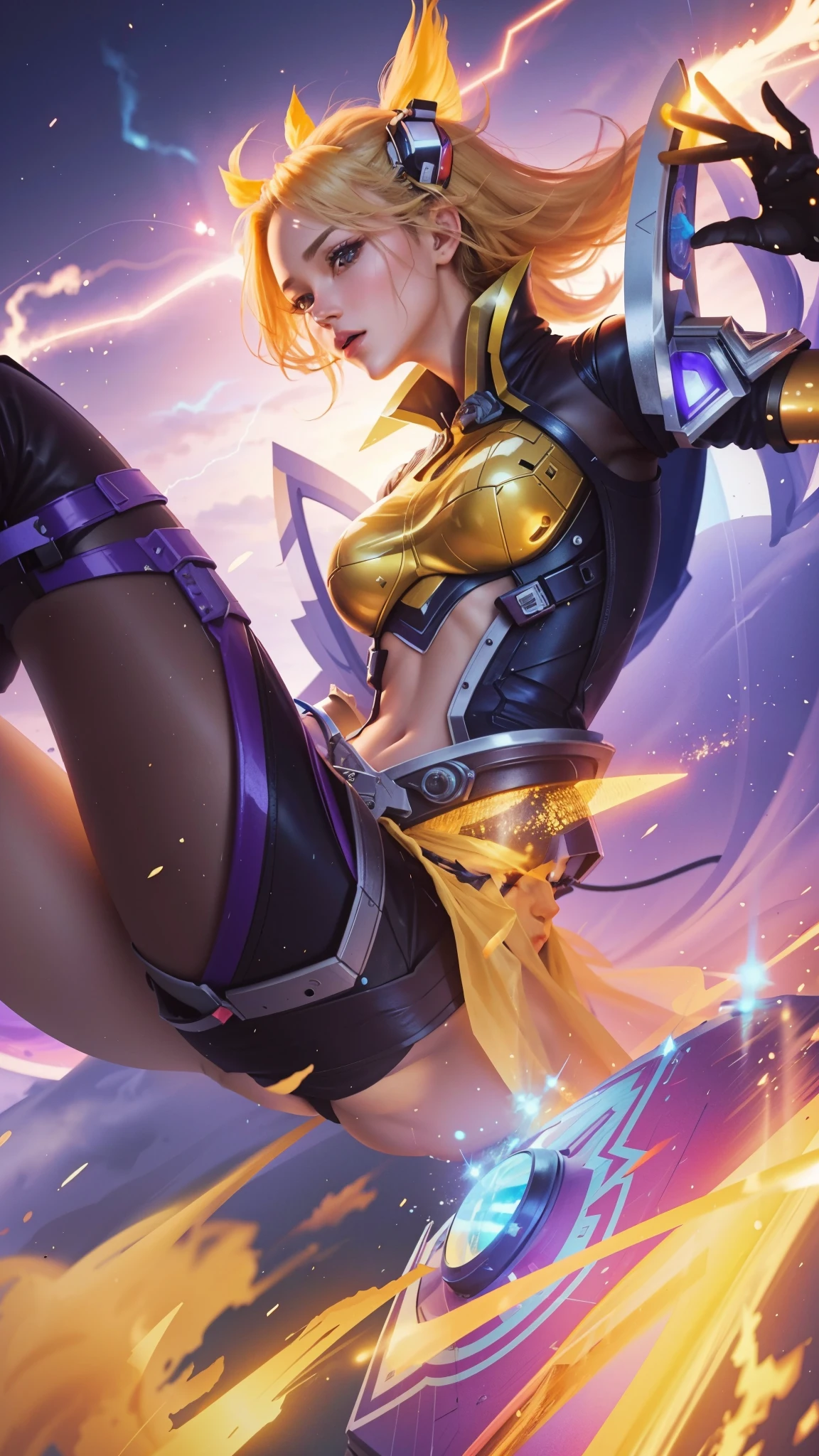 a close up of a person on a skateboard, kai'sa, radiant colors, beautiful female android, a sexy blonde warrior, mobile legends, disco party, swift, trending artwork, physical : tinyest midriff ever, lux, orange yellow ethereal, crazy racer spinning, trans rights, key art, beautiful queen, poggers, Robot Theme Suit, Queen of Lightning, colorful lightning, super detailed, masterpiece, best quality, ultra quality, absurd details, best light, best shadow, sharp, sharp image, detailed, extremely detailed, great resolution, 8k, 4k, uhd
