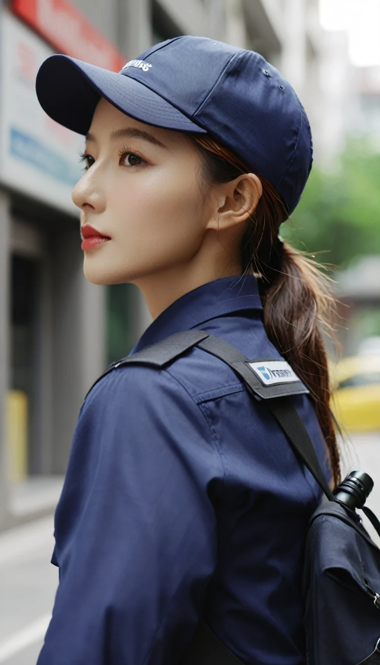 female courier, Work clothes, On the way to deliver express, On the city streets, High Detail, 4k, masterpiece.