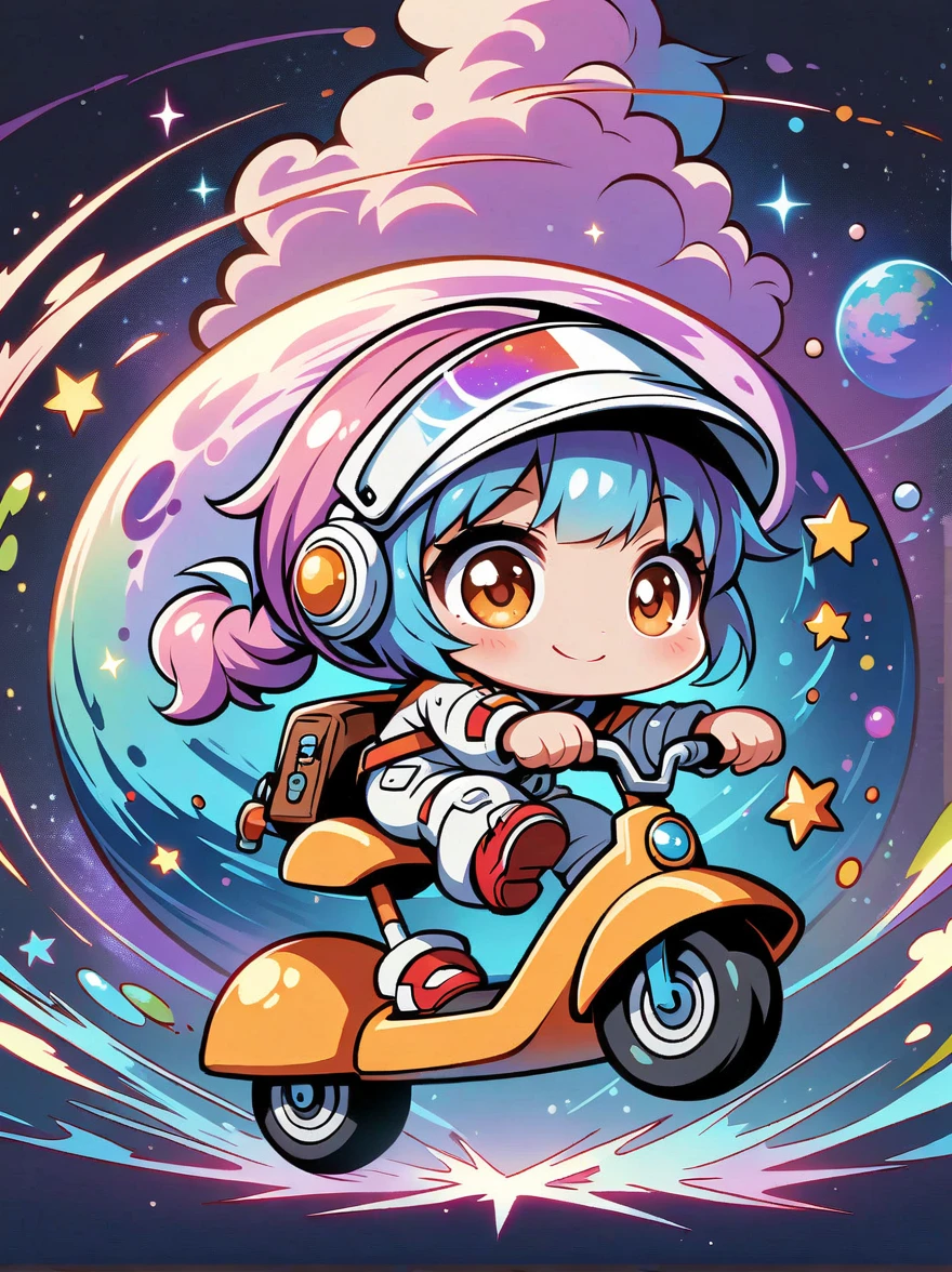 Cartoon graffiti characters，Vector illustration，cinematic film still A visually striking chibi-style astronaut is depicted with remarkable detail, wearing a black tinted visor and a crisp white suit with red straps. This adorable hero is captured riding on a 's tricycle with big grippy tires, exploring the surface of the moon. The background showcases a delightful galaxy filled with stars and cosmic wonder. This conceptual art piece blends anime, photography, illustration, and typography to create a whimsical and imaginative portrayal of space exploration，Add whimsy to the scene，1xhsn1