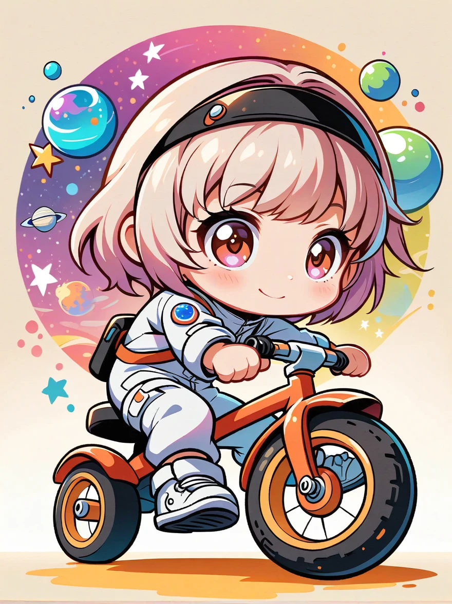 Cartoon graffiti characters，Vector illustration，cinematic film still A visually striking chibi-style astronaut is depicted with remarkable detail, wearing a black tinted visor and a crisp white suit with red straps. This adorable hero is captured riding on a 's tricycle with big grippy tires, exploring the surface of the moon. The background showcases a delightful galaxy filled with stars and cosmic wonder. This conceptual art piece blends anime, photography, illustration, and typography to create a whimsical and imaginative portrayal of space exploration，Add whimsy to the scene，1xhsn1