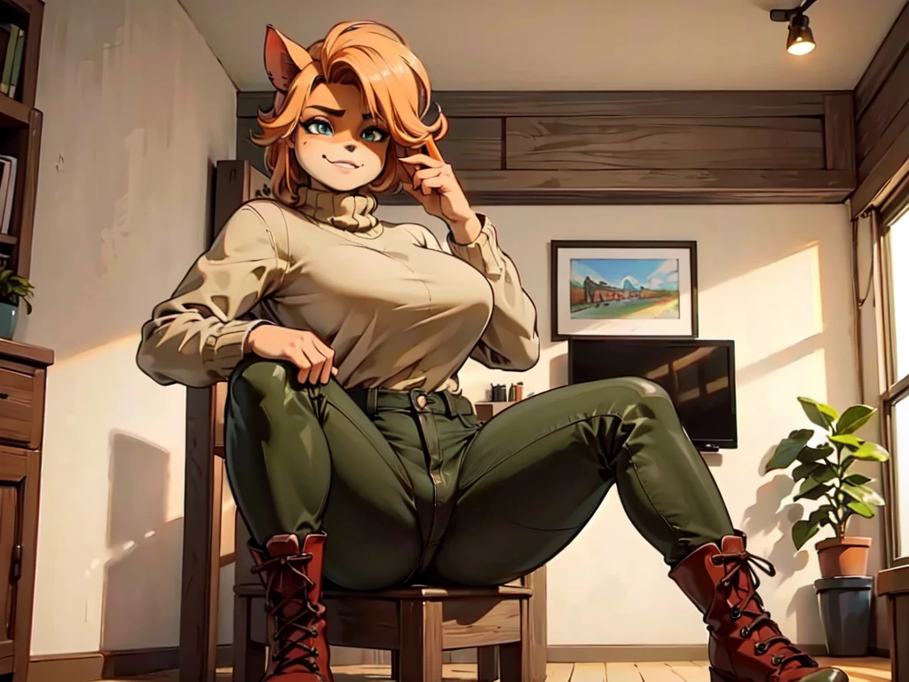 (best quality,4k,8k,highres,masterpiece:1.2),ultra-detailed,realistic:1.37,portrait, sancy anthro bandicoot girl redhead, braided hair, beautiful green eyes,  sexy ,seductive, warm sweater, camouflage pants, army boots, smirking, cozy lighting, vibrant colors ,girl anthro , sweater, camouflage pants, army boots, put on army combat boots 