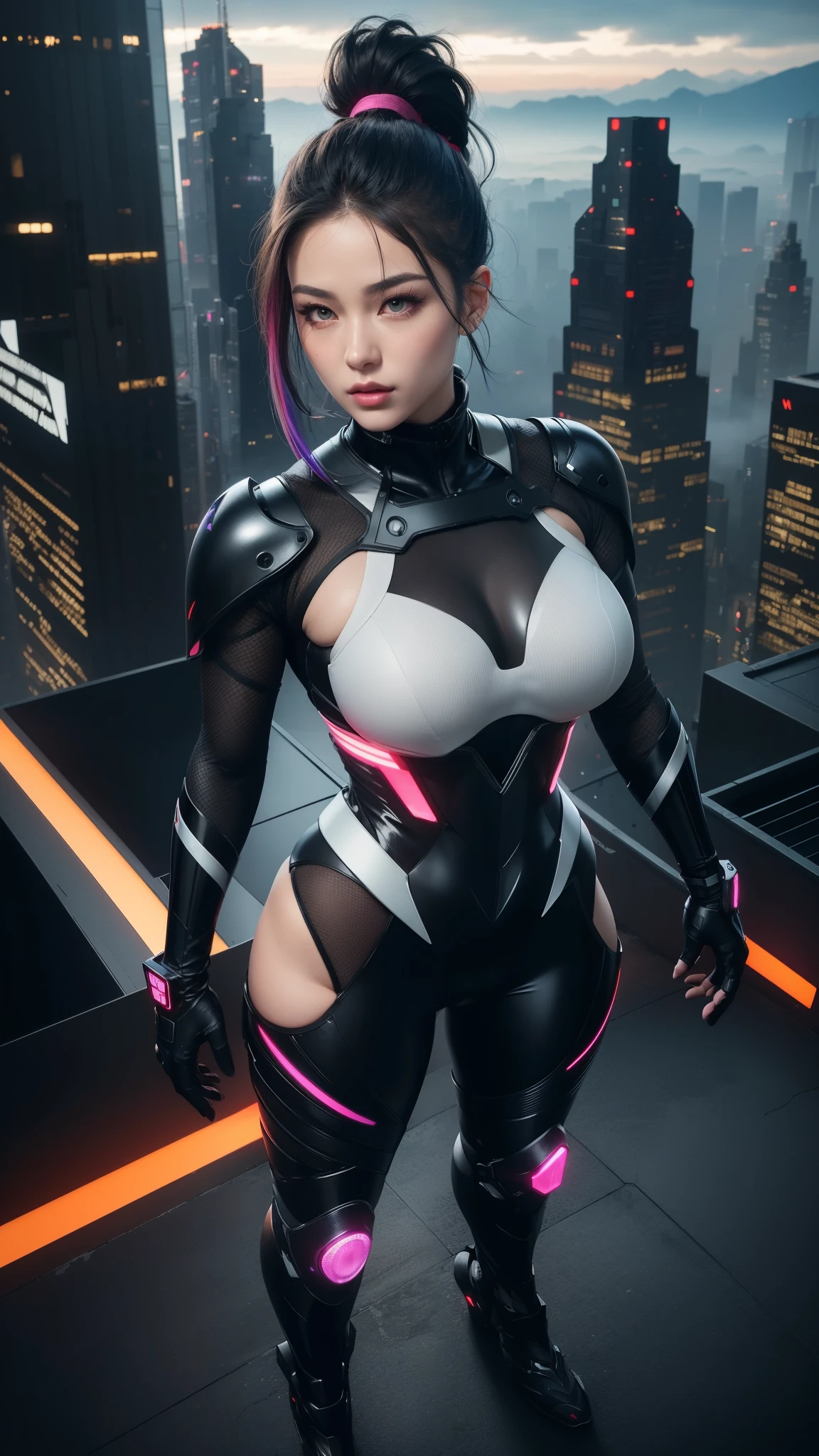 (best quality, masterpiece), realistic, a beautiful woman in ninja suit, Combat Suit, ninja girl, ninja cyber, (ponytail hairstyles, expressive hair, shiny hair, multicolored hair, colored inner hair, straight hair, very long hair), thick thighs, fair skin, rosy cheeks, mascara, aqua eyes, Long eyelashes, eyeliners, eyeshadows, plump lips, glossy lips, eyeshadows, evening makeup, hourglass body, ((cyber ninja suit, Combat Suit), Neon light, shining, mesh (ninja armor)), neon light, glowing, highly detailed face, (twilight sky, buildings on the mountain, clouds, floating island with many cyber buildings Sci-Fi as background), high details background, fantasy art, digital cyber mixed with realism, cyber art style, charming, standing pose, full body, (from above)