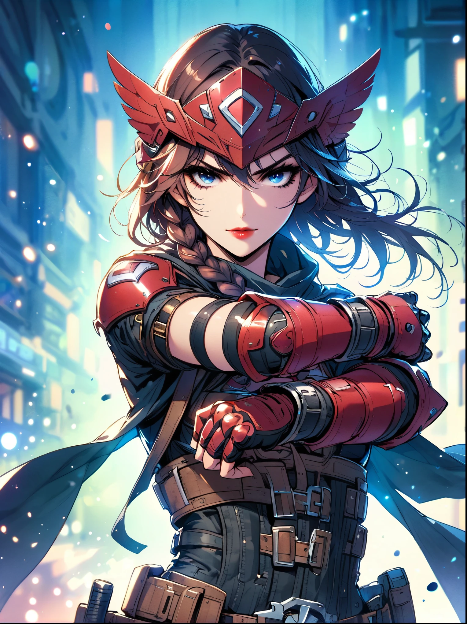 Superhero, red tights, braided hair, hair accessories, eye shadow, eyeliner, red lips, wrist armor, waist