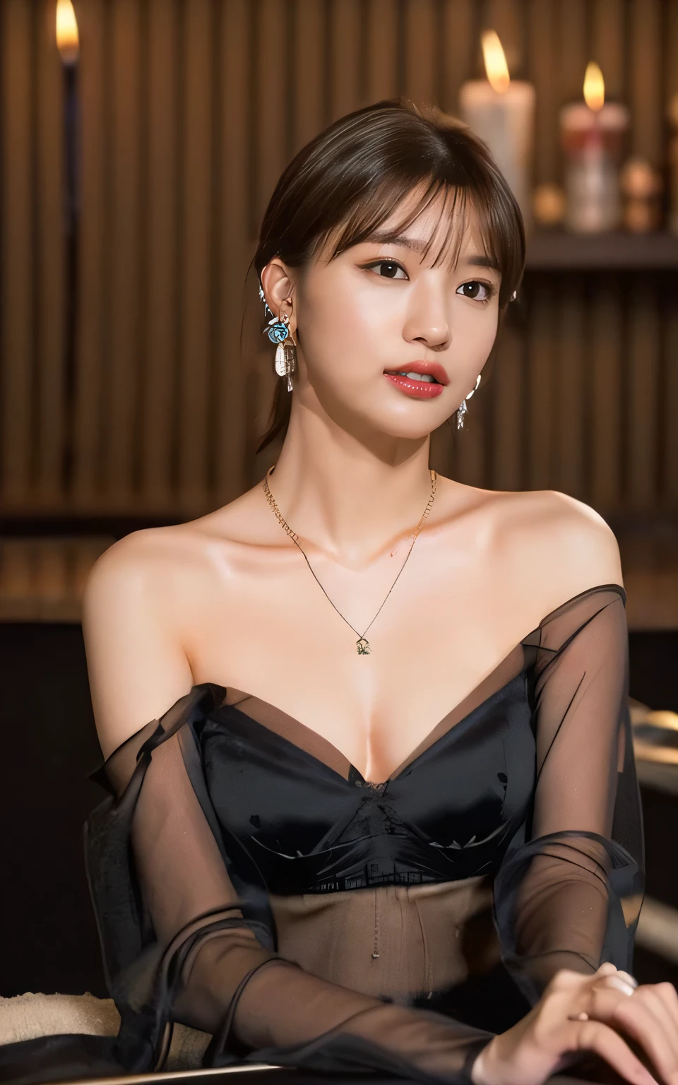 (Sexy see-through silk mini dress, No bra, The shape of the nipples is visible, Spread your legs a little:1.5),
((Age 25, Elegant beautiful announcer, Sexy body, Naughty older sister, She flashes her breasts at me and tempts me:1.4)),
((Small breasts, Flat Chest:1.2)),
((She is touching my dick, Looking forward:1.2)),
((I love you?, I want to kiss you?, I want to fuck you?, cheat with me?:1.2)),
((Where are you touching? You're so naughty.!,Your dick is getting hard,You were thinking about something naughty:1.2)),
((The interior of a luxurious girls bar, Complete darkness, Candlelight:1.4)),
((Just me and my girlfriend, She's sitting on my thighs, I inserted my hard cock between her legs., I kiss her, It feels so good to be kissed by her plump lips, I touch her boobs through her clothes, She gets so comfortable she gets totally naked, Her boobs are incredible, I gently lick her nipples, Her moans get louder、I feel ecstasy, I also feel good、The pace of her hips gradually increases, Her face is so cute when she feels it :1.3)),
Eye focus, Narrow shoulders, Beautiful clavicle, Long, slender legs, The back of the hand is beautiful and feminine,
Slender figure, A soft belly, Thin waist,
Ultra detailed face, Ultra detailed breasts, Ultra-detailed skin, Fair skin, Glossy Skin,
Ultra-detailed lips, Fuller lips, Glossy pink lips, Flushed Cheeks, White teeth,
Beautiful actress's languid make-up, Pink lipstick,
Dark Brown Hair, Delicate soft hair,
(Put your hair up, Fluffy Short Bob:1.2), (Sweep your bangs to the side:1.2),
(Stylish looking earrings,necklace:1.2),